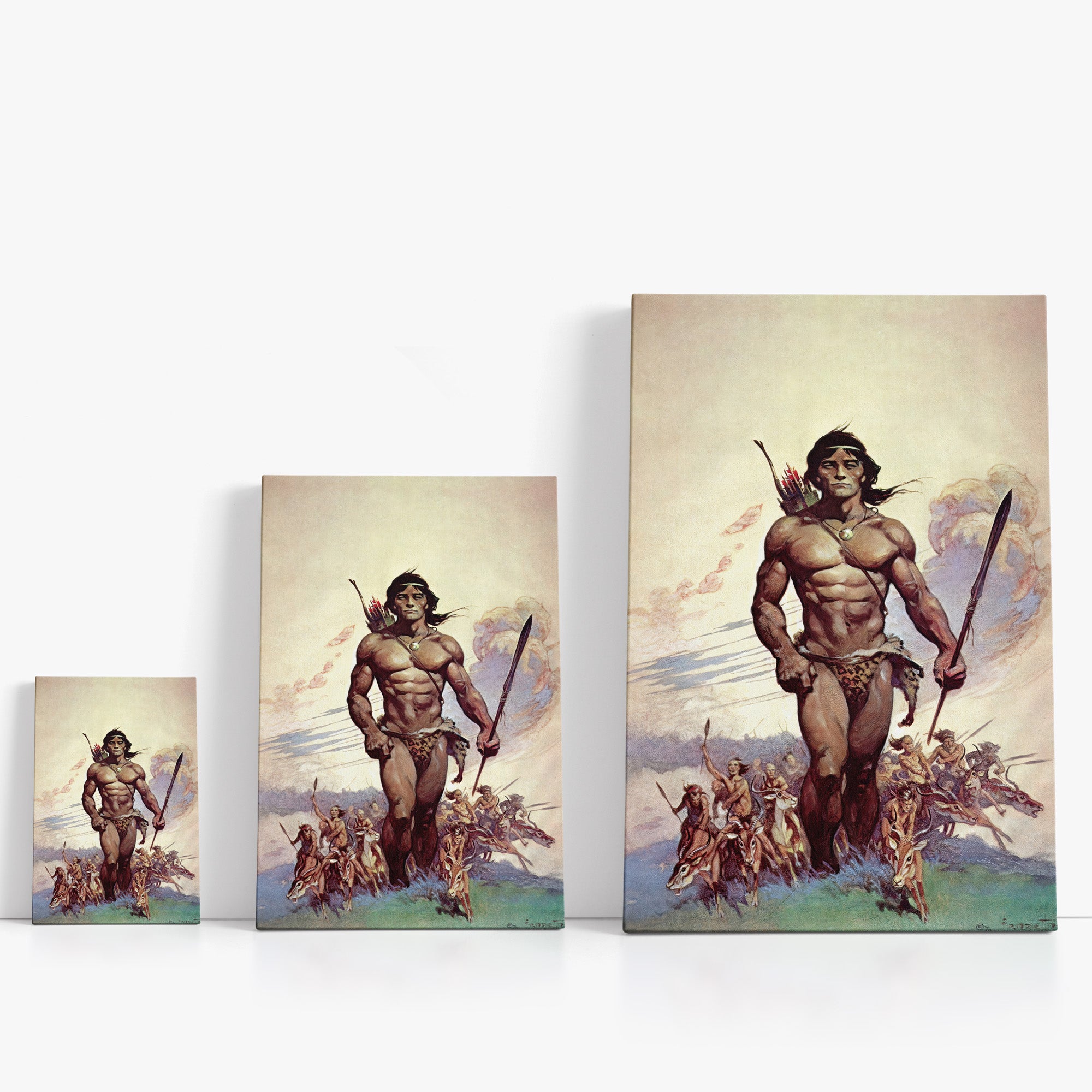 Three wrap-around canvas prints of Frazetta’s Ant Men in different sizes, showcasing the artwork with mirror-wrapped edges for a seamless, dimensional look.