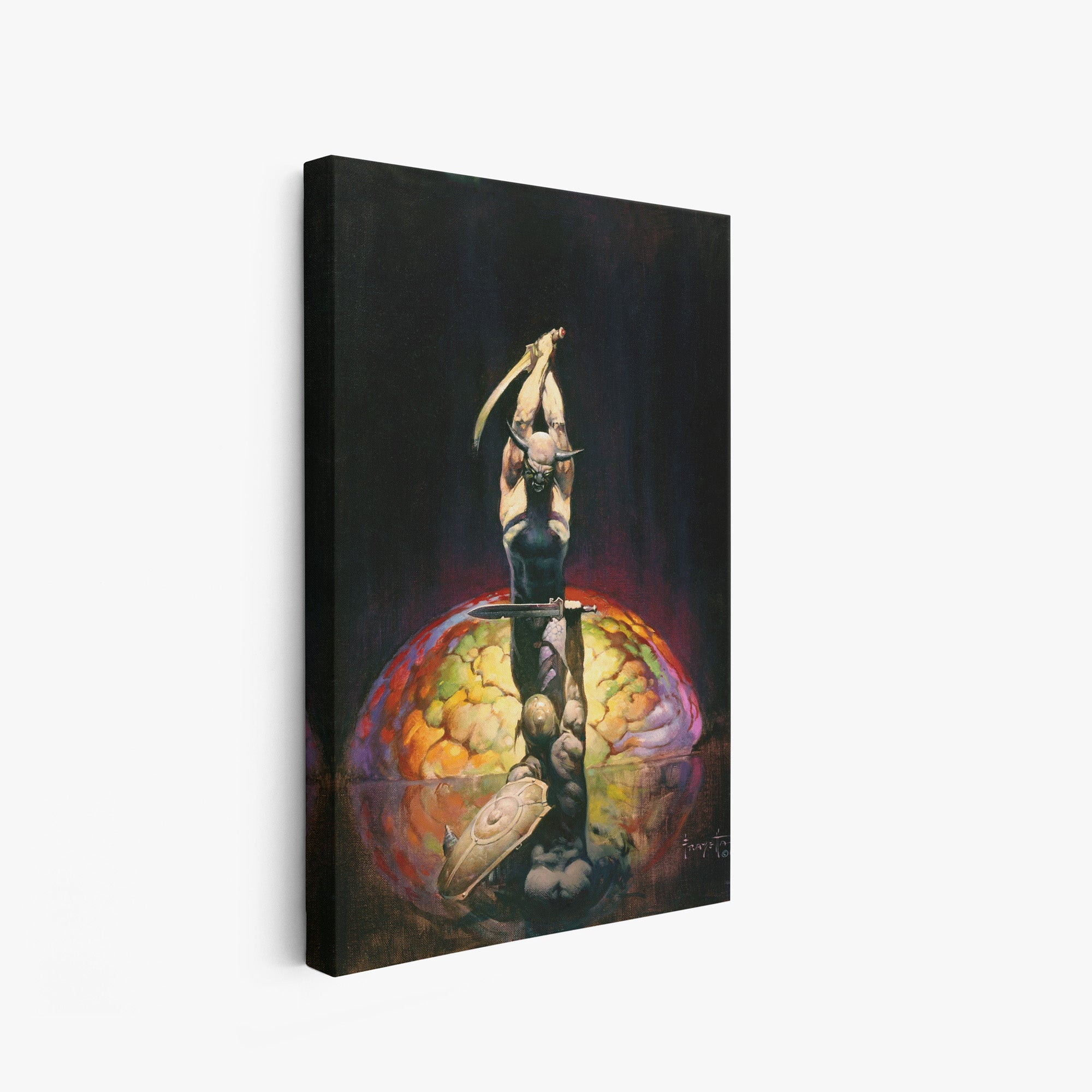 A canvas print of Frazetta’s The Brain hung on a white wall, showcasing the artwork with mirror-wrapped edges for a seamless, dimensional look.