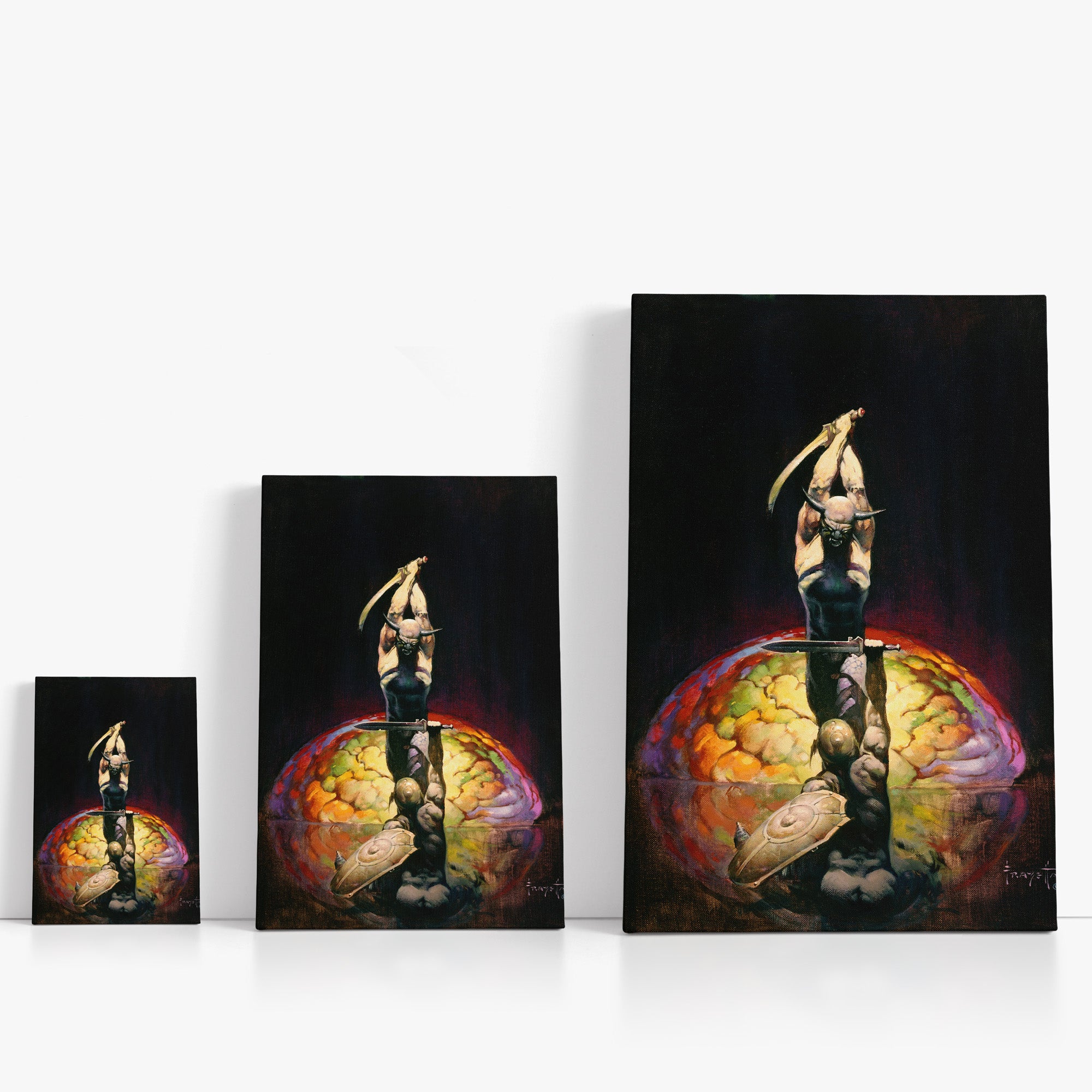 Three wrap-around canvas prints of Frazetta’s The Brain in different sizes, showcasing the artwork with mirror-wrapped edges for a seamless, dimensional look.