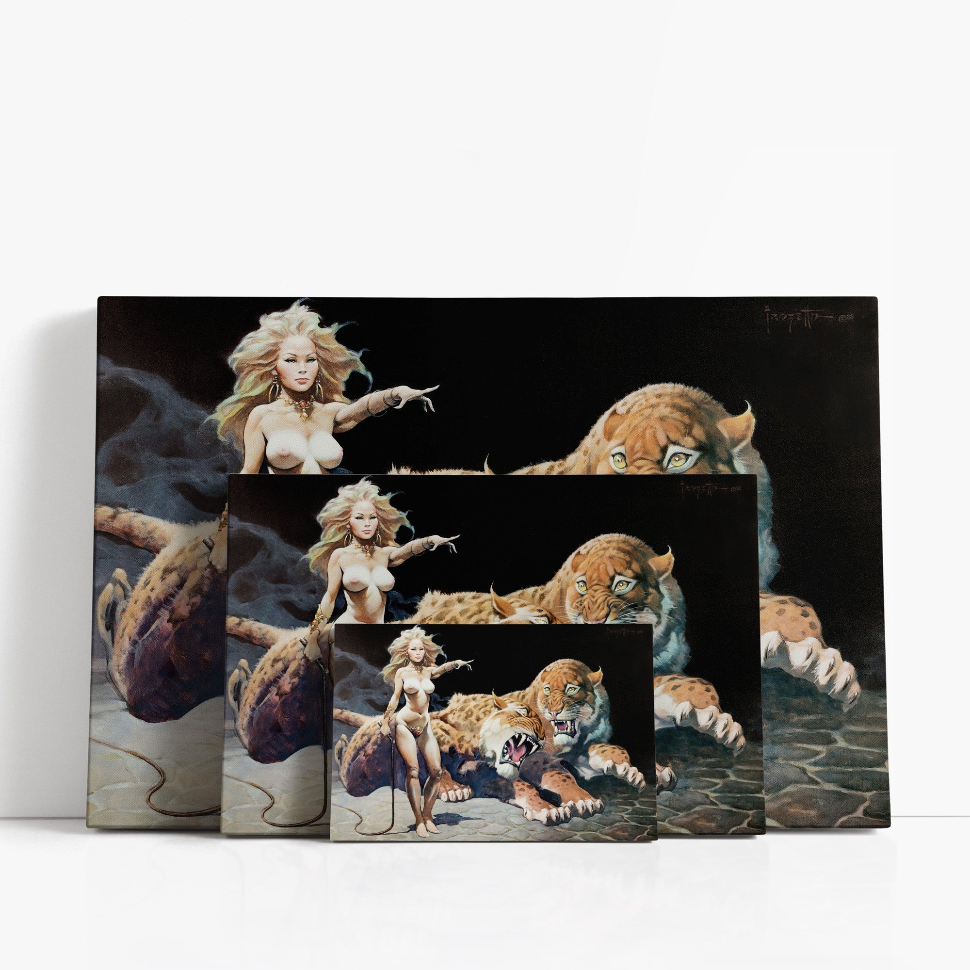 Three wrap-around canvas prints of Frazetta’s The Countess in different sizes, showcasing the artwork with mirror-wrapped edges for a seamless, dimensional look.