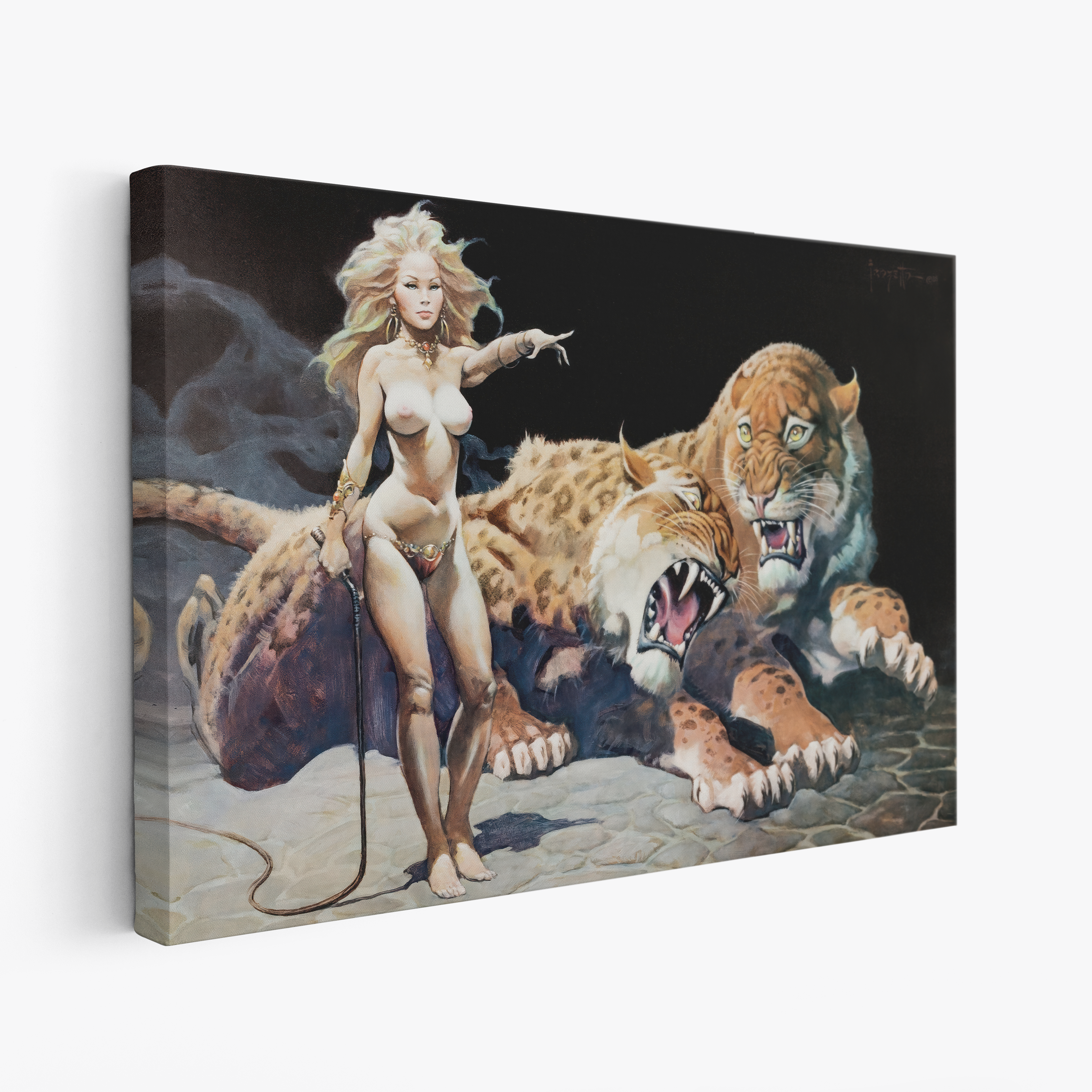A canvas print of Frazetta’s The Countess hung on a white wall, showcasing the artwork with mirror-wrapped edges for a seamless, dimensional look.