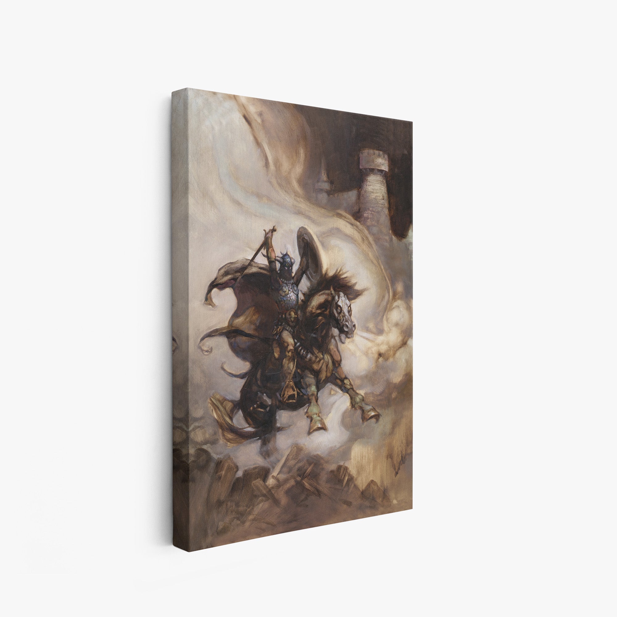 A canvas print of Frazetta’s Defender hung on a white wall, showcasing the artwork with mirror-wrapped edges for a seamless, dimensional look.