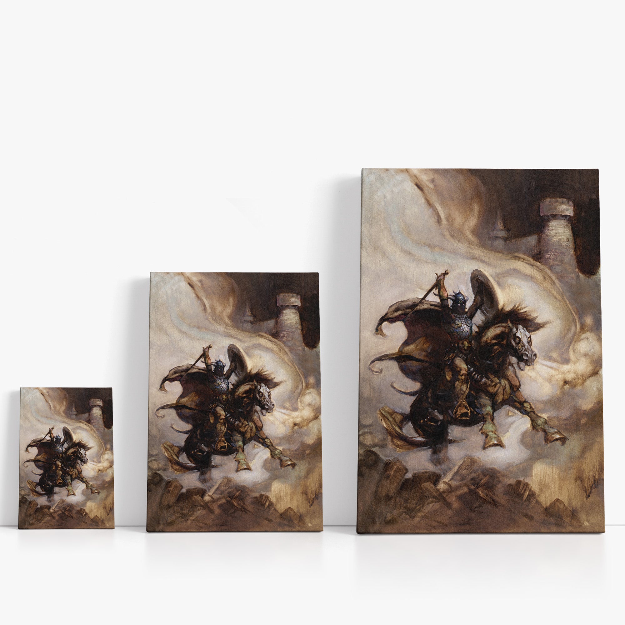 Three wrap-around canvas prints of Frazetta’s Defender in different sizes, showcasing the artwork with mirror-wrapped edges for a seamless, dimensional look.