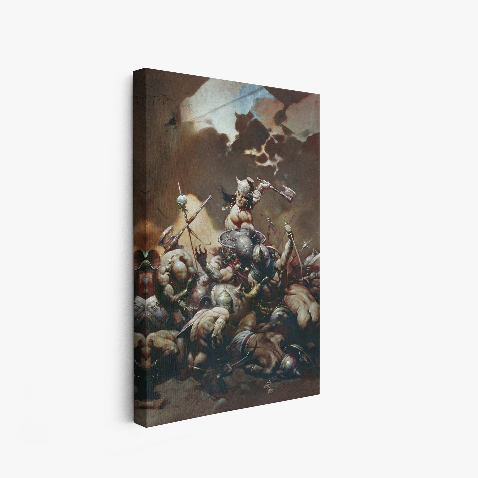 A canvas print of Frazetta’s The Destroyer hung on a white wall, showcasing the artwork with mirror-wrapped edges for a seamless, dimensional look.