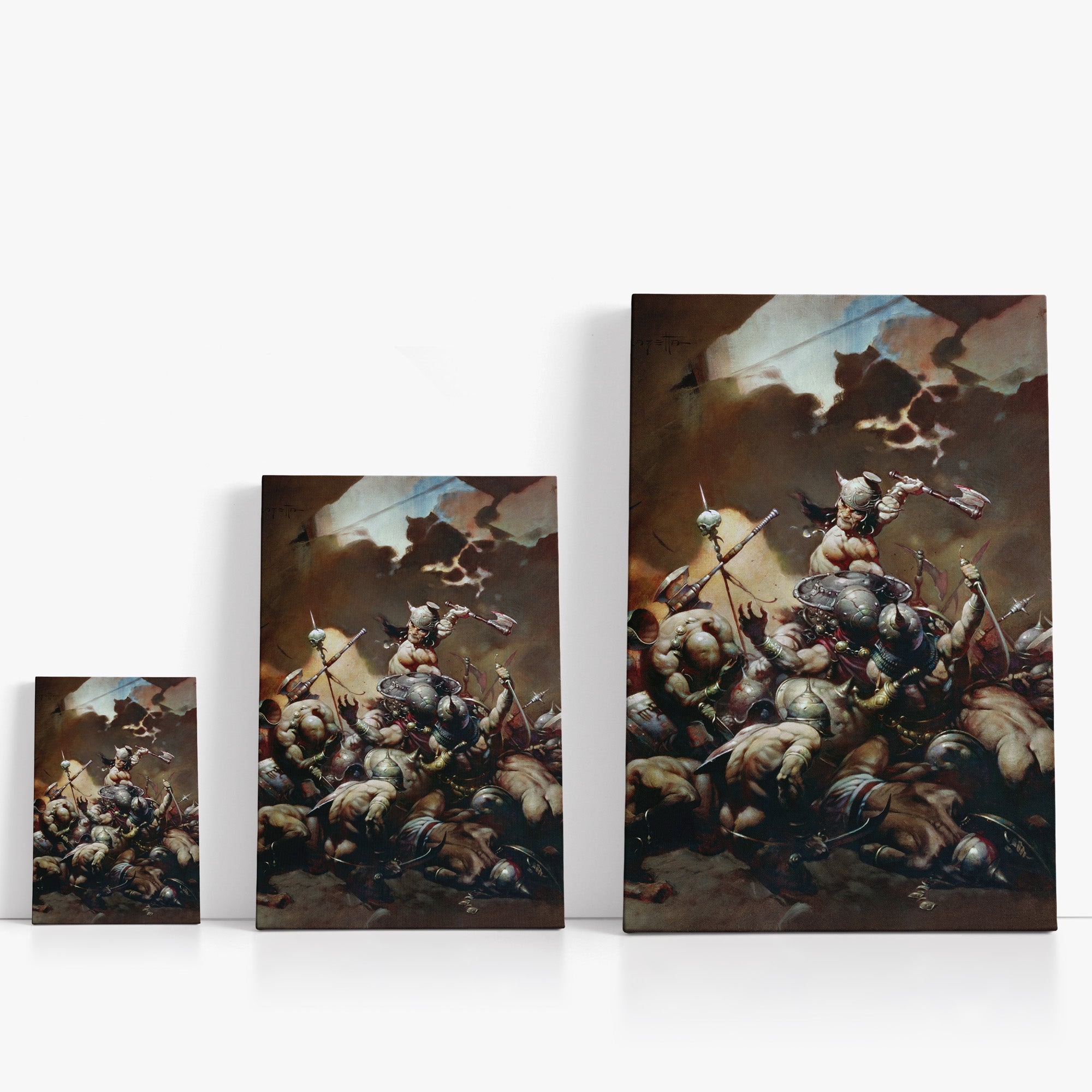 Three wrap-around canvas prints of Frazetta’s The Destroyer in different sizes, showcasing the artwork with mirror-wrapped edges for a seamless, dimensional look.
