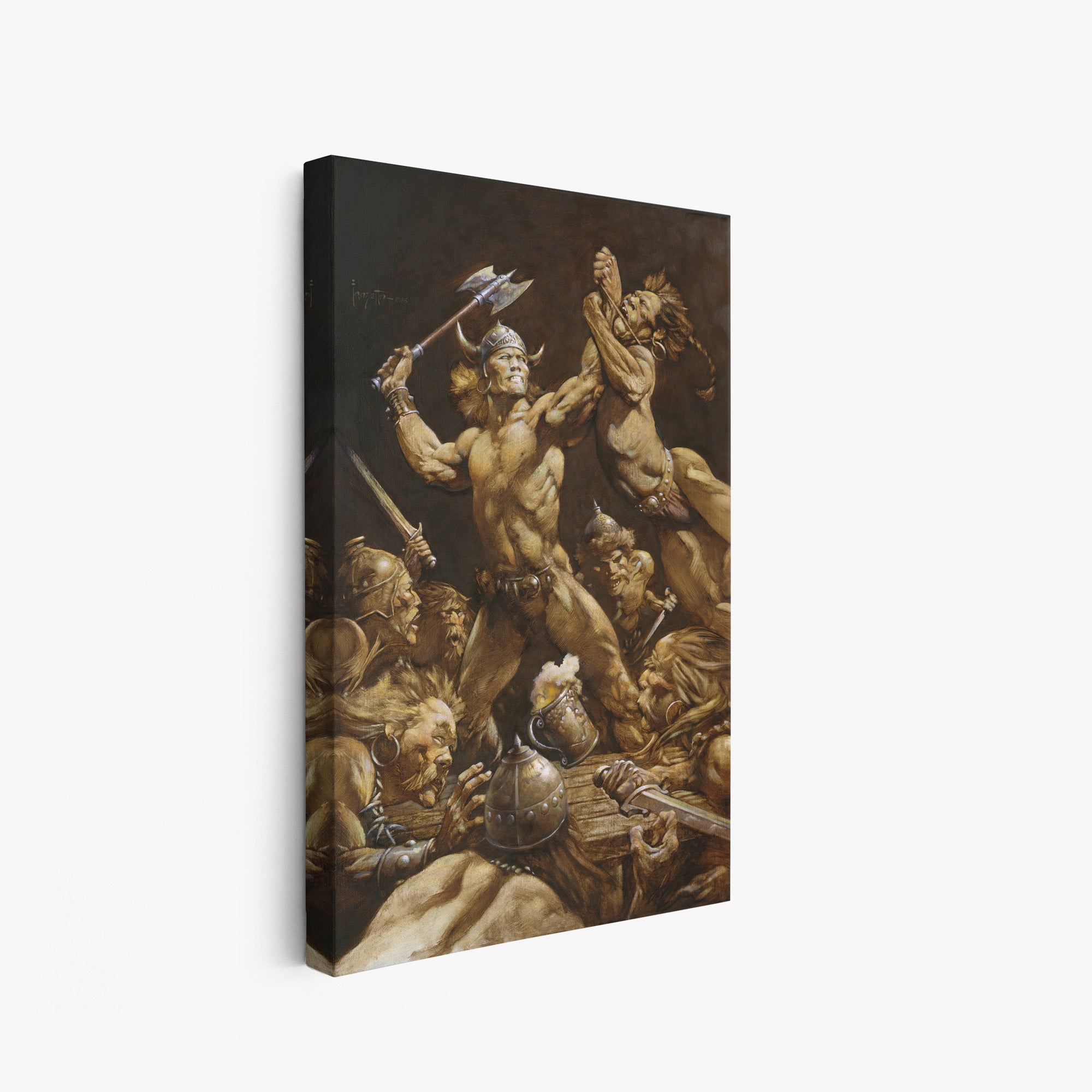 A canvas print of Frazetta’s Disagreement hung on a white wall, showcasing the artwork with mirror-wrapped edges for a seamless, dimensional look.