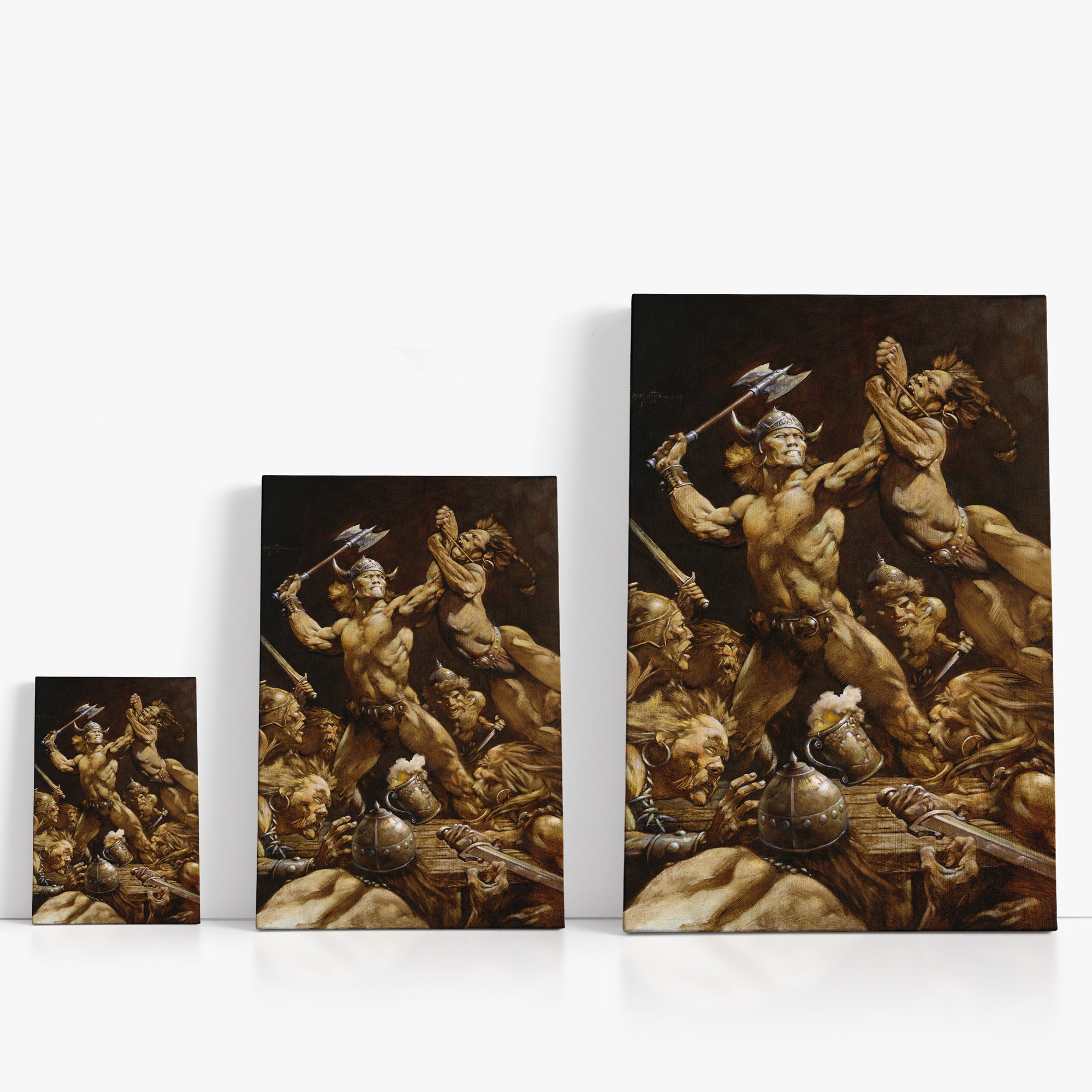 Three wrap-around canvas prints of Frazetta’s Disagreement in different sizes, showcasing the artwork with mirror-wrapped edges for a seamless, dimensional look.