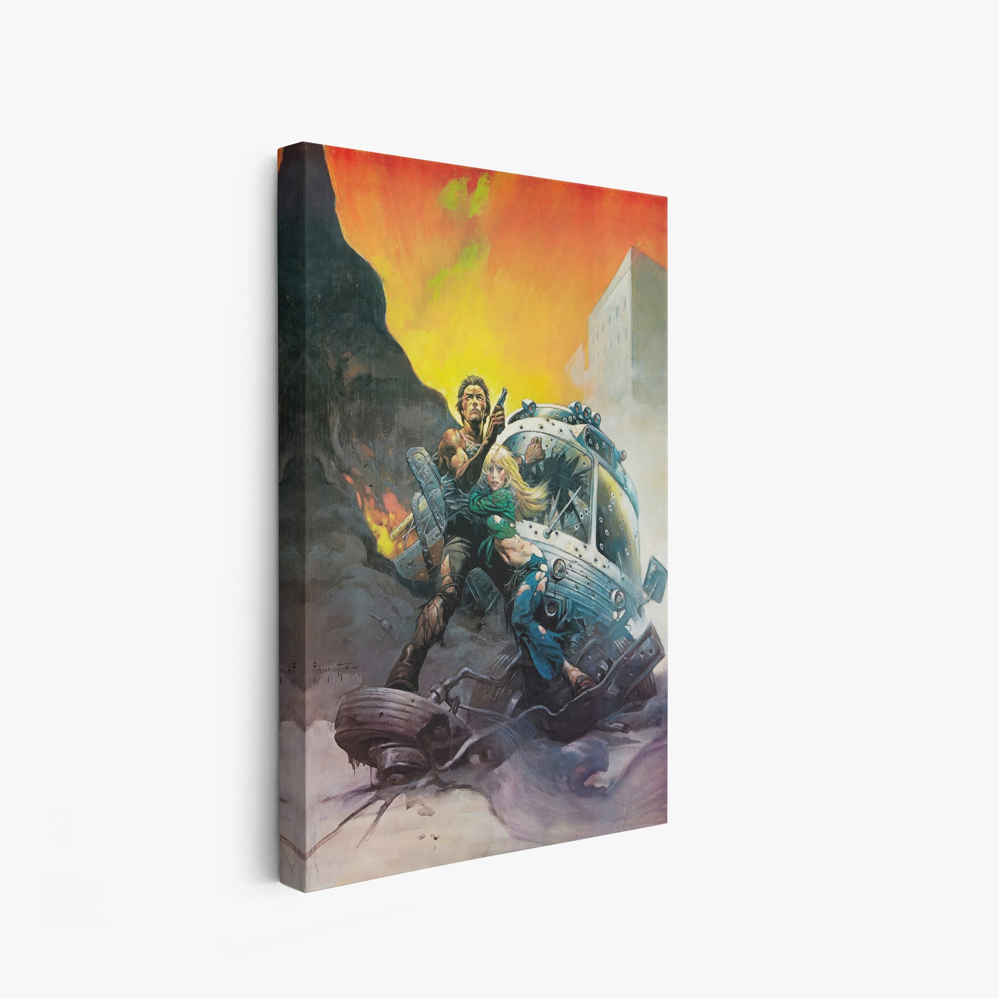 A canvas print of Frazetta’s Gauntlet hung on a white wall, showcasing the artwork with mirror-wrapped edges for a seamless, dimensional look.