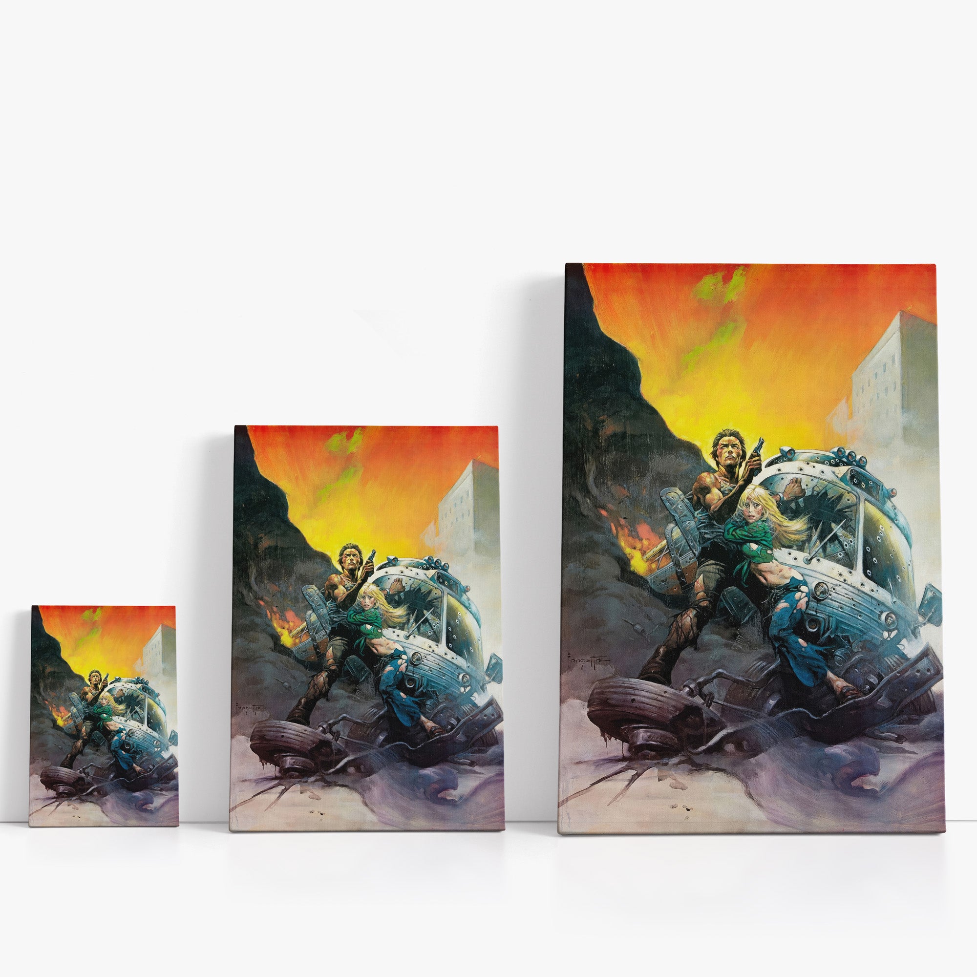 Three wrap-around canvas prints of Frazetta’s Gauntlet in different sizes, showcasing the artwork with mirror-wrapped edges for a seamless, dimensional look.
