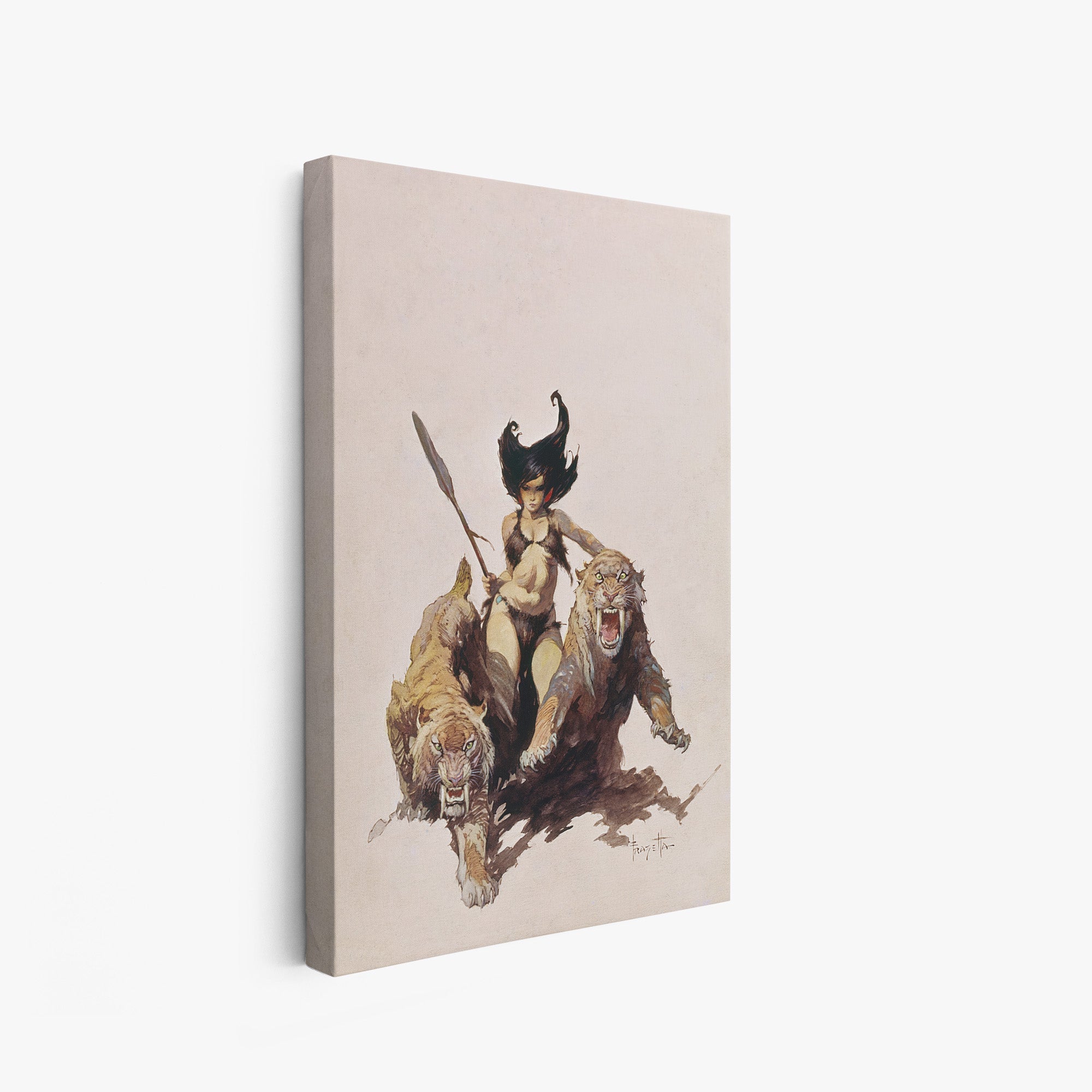 A canvas print of Frazetta’s Huntress hung on a white wall, showcasing the artwork with mirror-wrapped edges for a seamless, dimensional look.