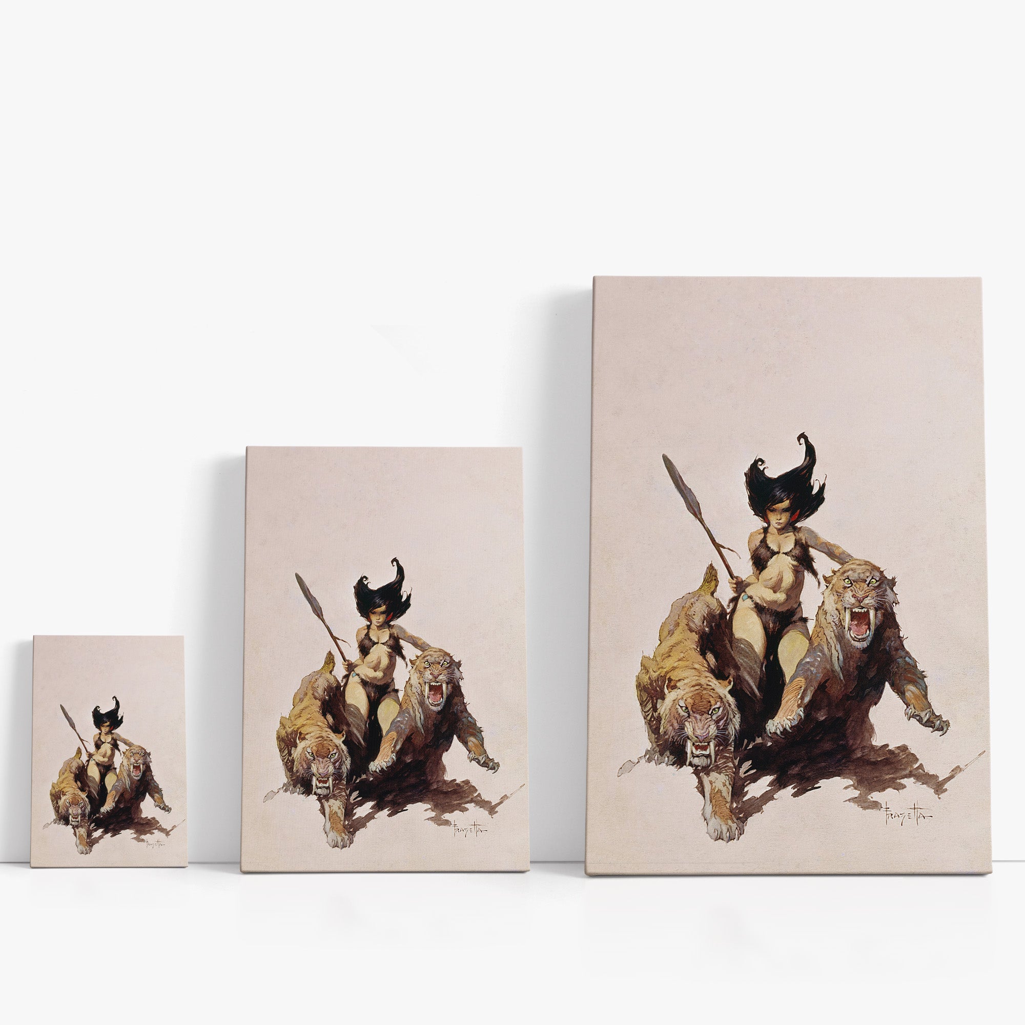 Three wrap-around canvas prints of Frazetta’s Huntress in different sizes, showcasing the artwork with mirror-wrapped edges for a seamless, dimensional look.