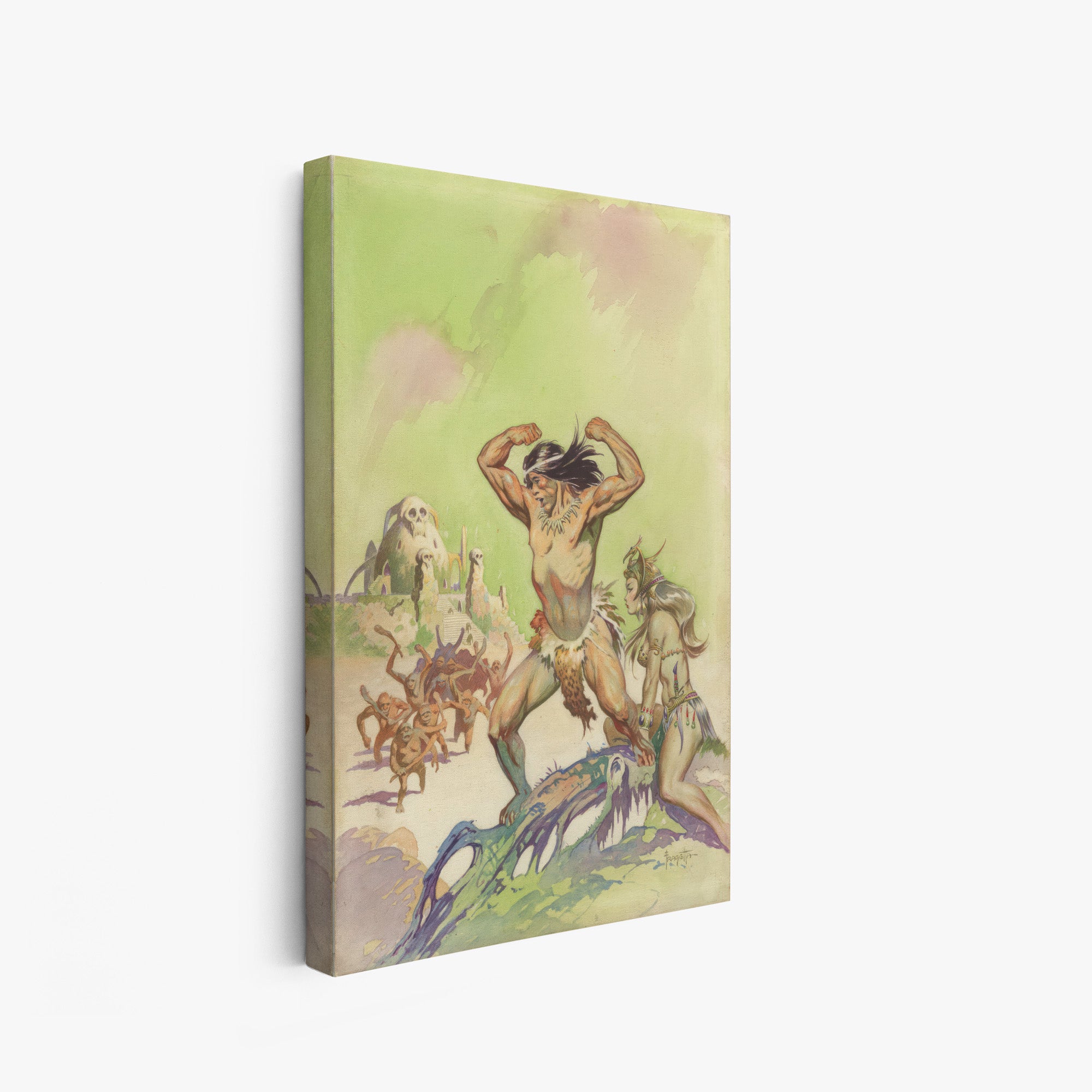 A canvas print of Frazetta’s Invincible hung on a white wall, showcasing the artwork with mirror-wrapped edges for a seamless, dimensional look.
