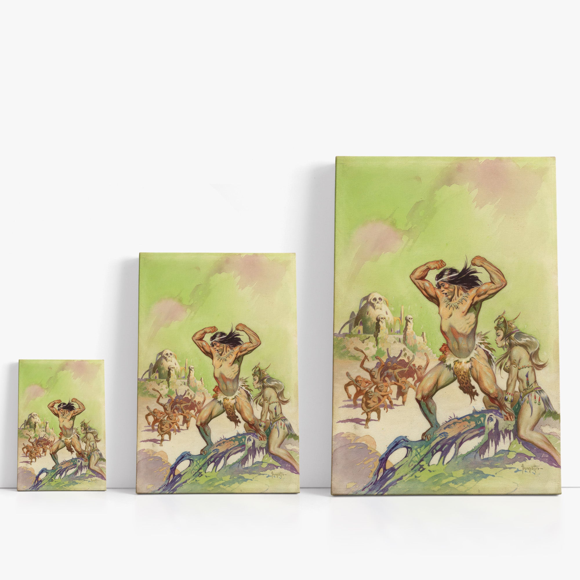 Three wrap-around canvas prints of Frazetta’s Invincible in different sizes, showcasing the artwork with mirror-wrapped edges for a seamless, dimensional look.