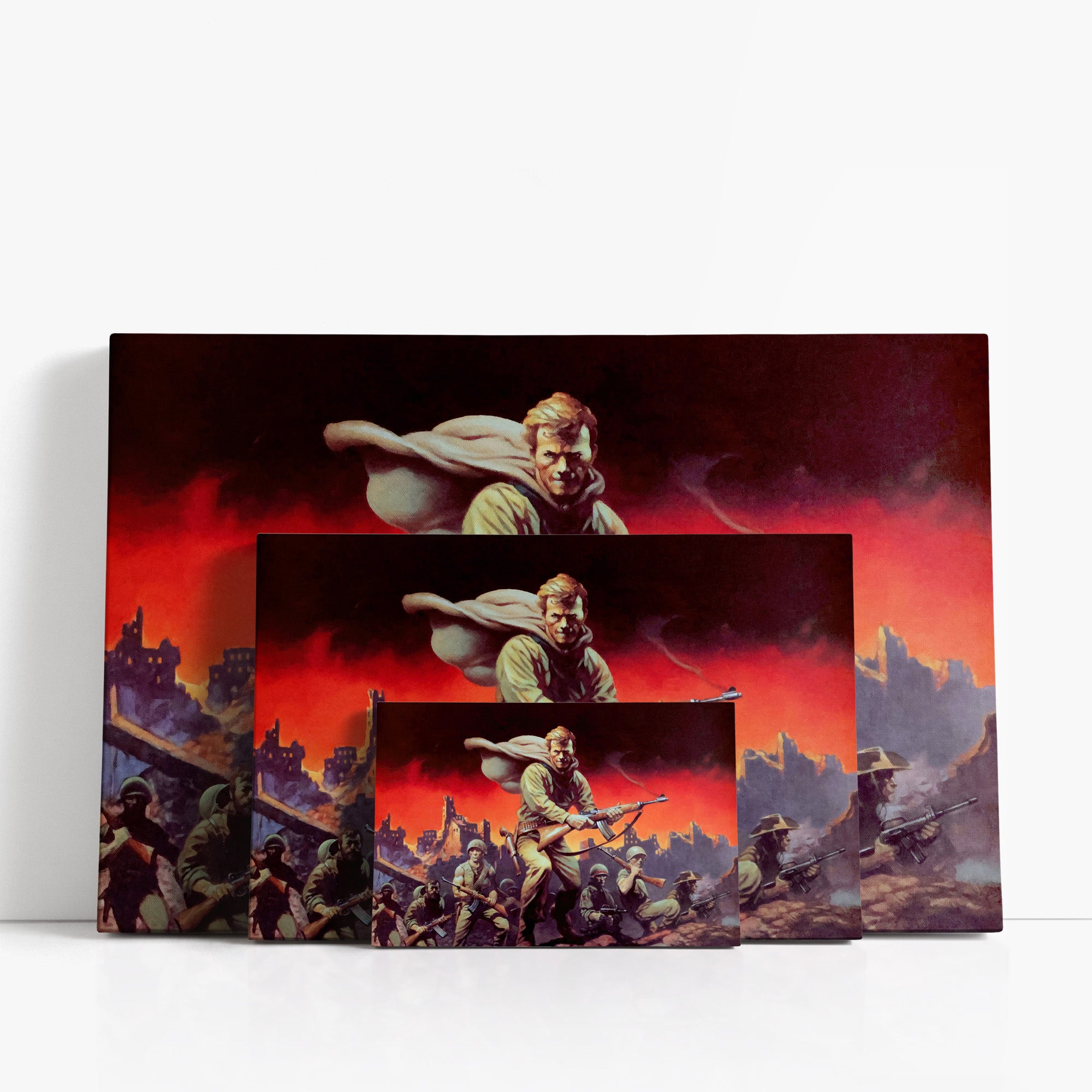 Three wrap-around canvas prints of Frazetta’s Lieutenant in different sizes, showcasing the artwork with mirror-wrapped edges for a seamless, dimensional look.