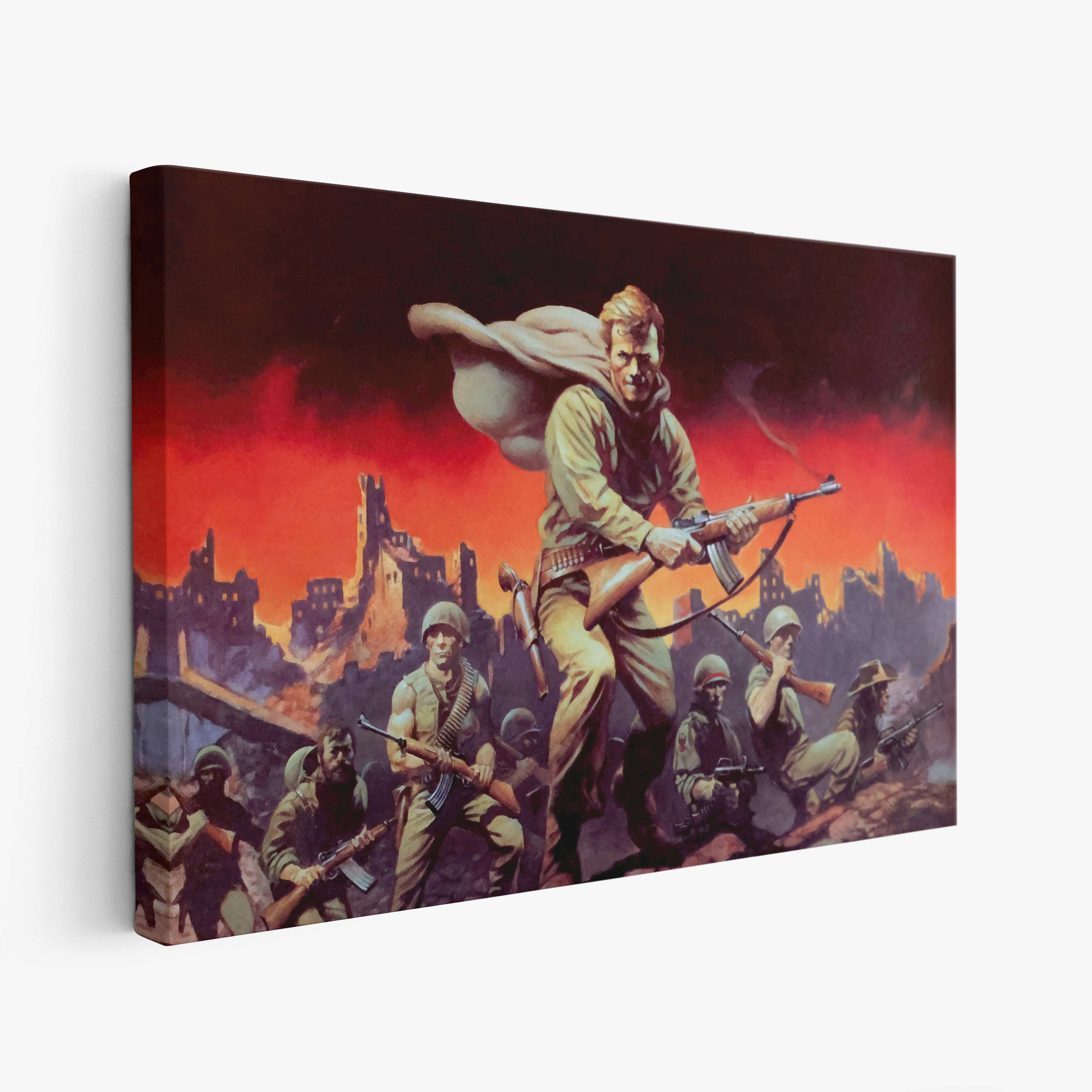 A canvas print of Frazetta’s Lieutenant hung on a white wall, showcasing the artwork with mirror-wrapped edges for a seamless, dimensional look.