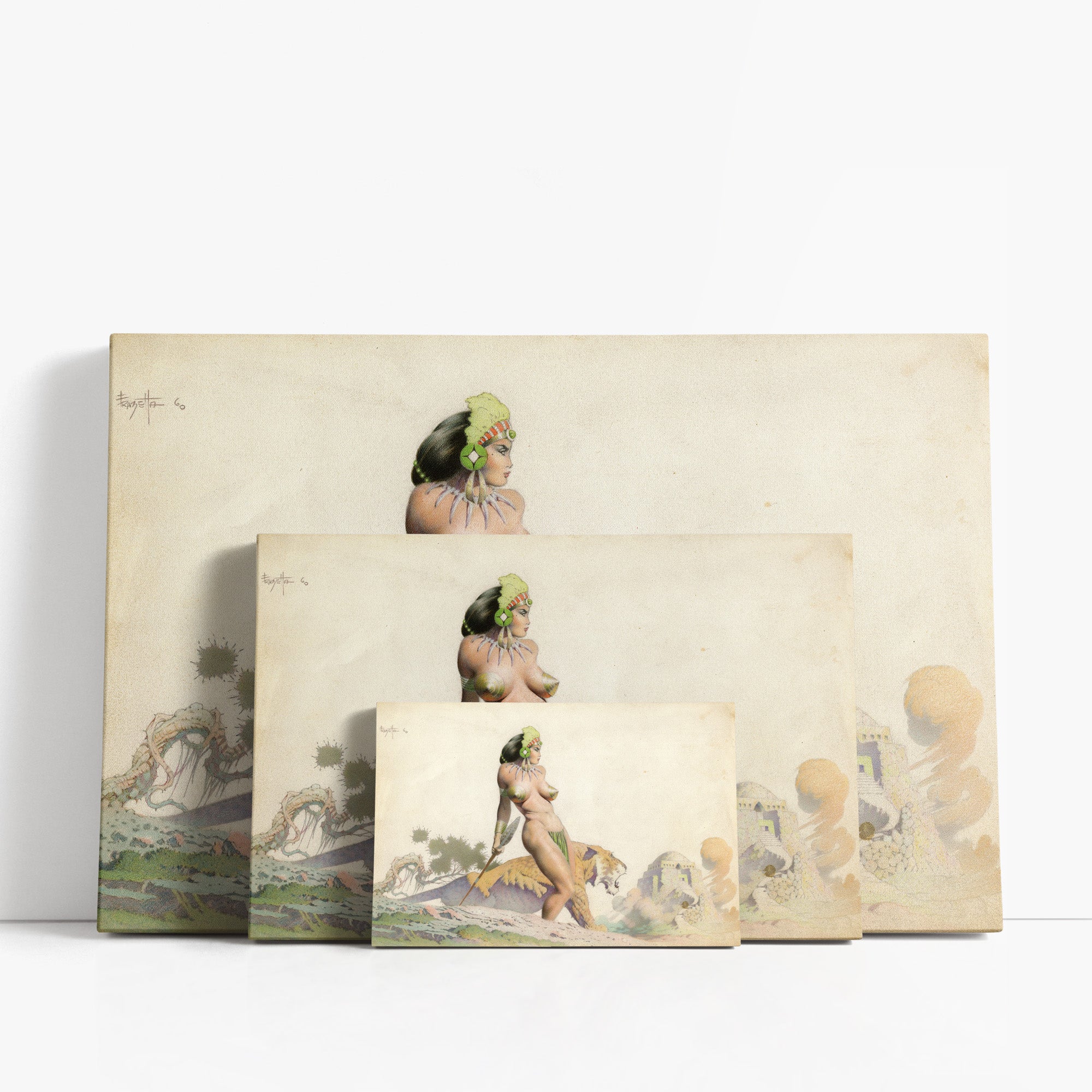 Three wrap-around canvas prints of Frazetta’s Lion Queen in different sizes, showcasing the artwork with mirror-wrapped edges for a seamless, dimensional look.