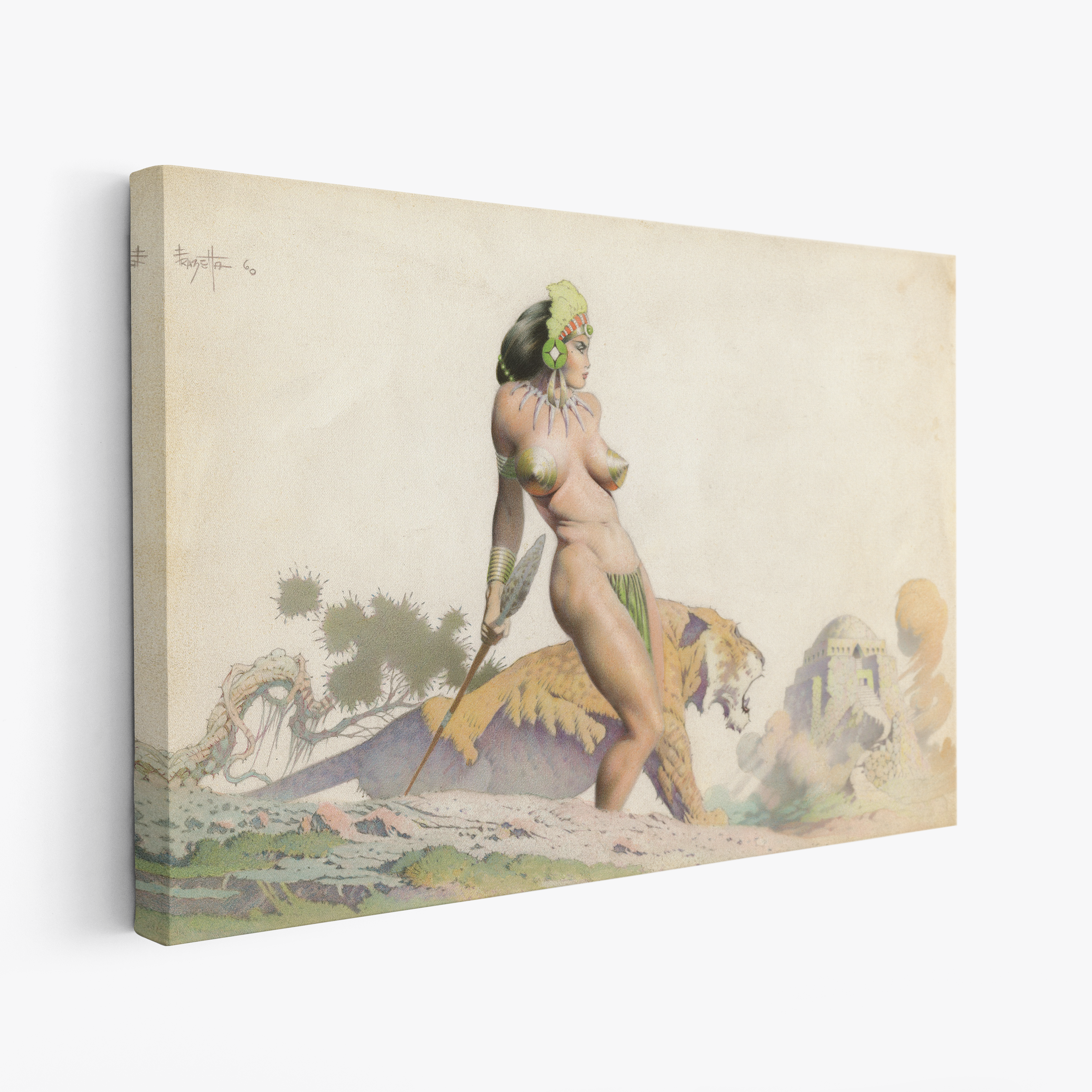 A canvas print of Frazetta’s Lion Queen hung on a white wall, showcasing the artwork with mirror-wrapped edges for a seamless, dimensional look.