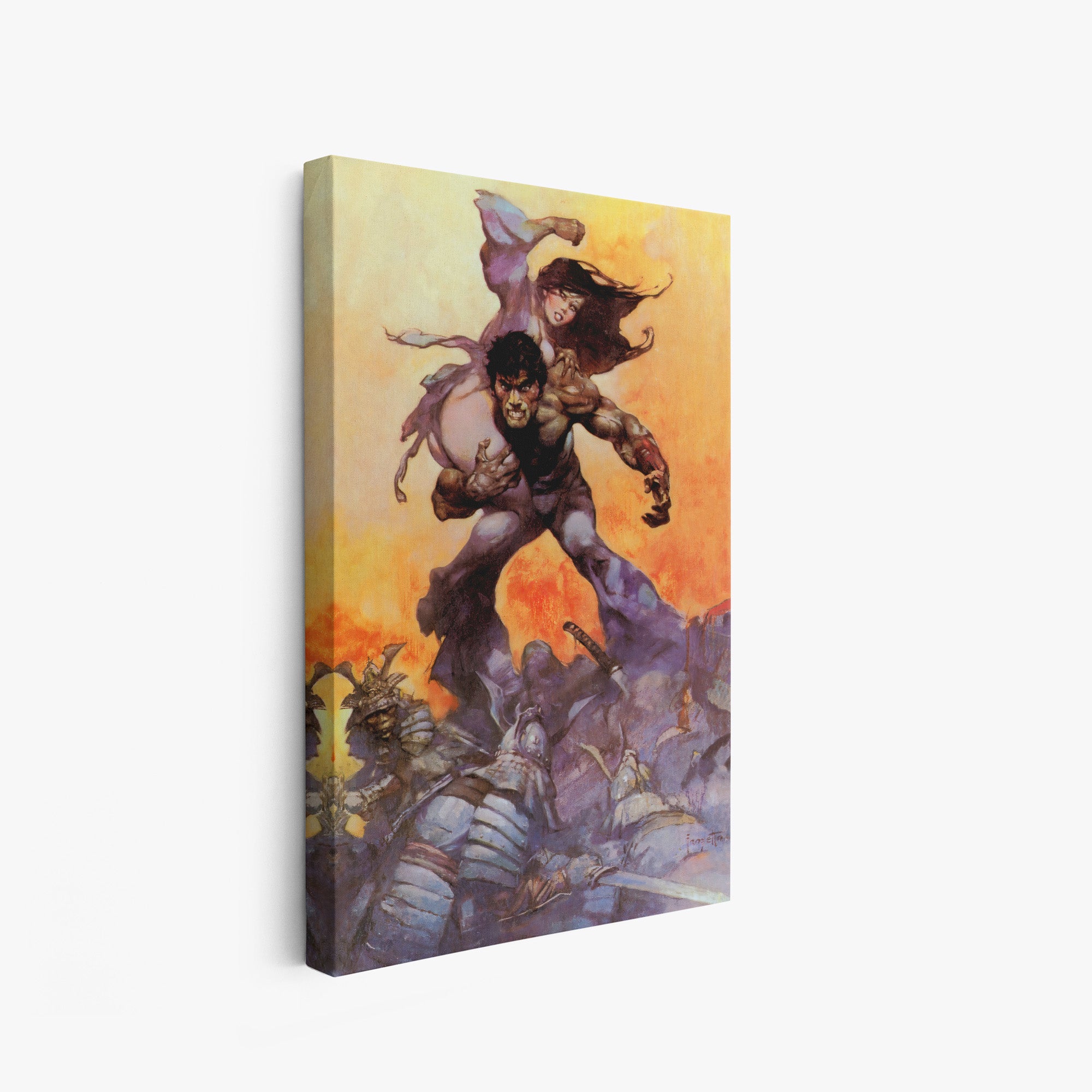 A canvas print of Frazetta’s Mucker hung on a white wall, showcasing the artwork with mirror-wrapped edges for a seamless, dimensional look.