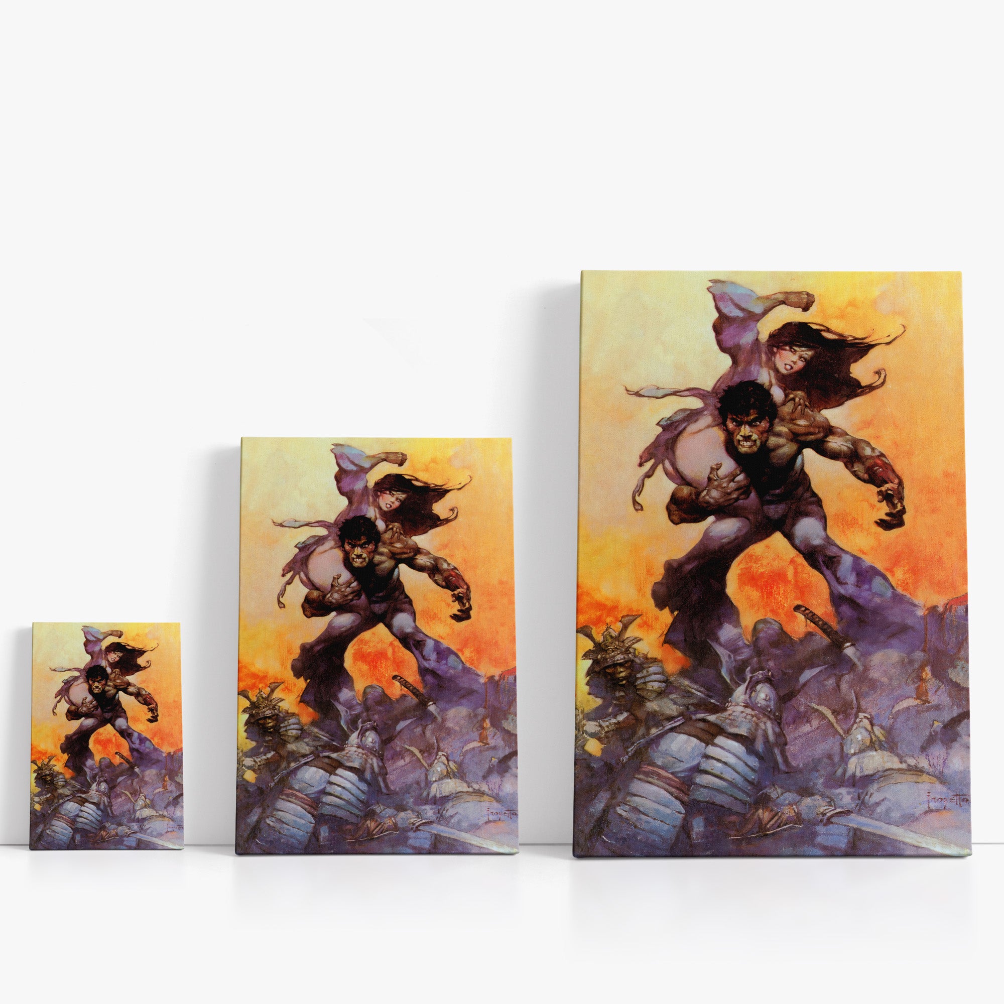 Three wrap-around canvas prints of Frazetta’s Mucker in different sizes, showcasing the artwork with mirror-wrapped edges for a seamless, dimensional look.