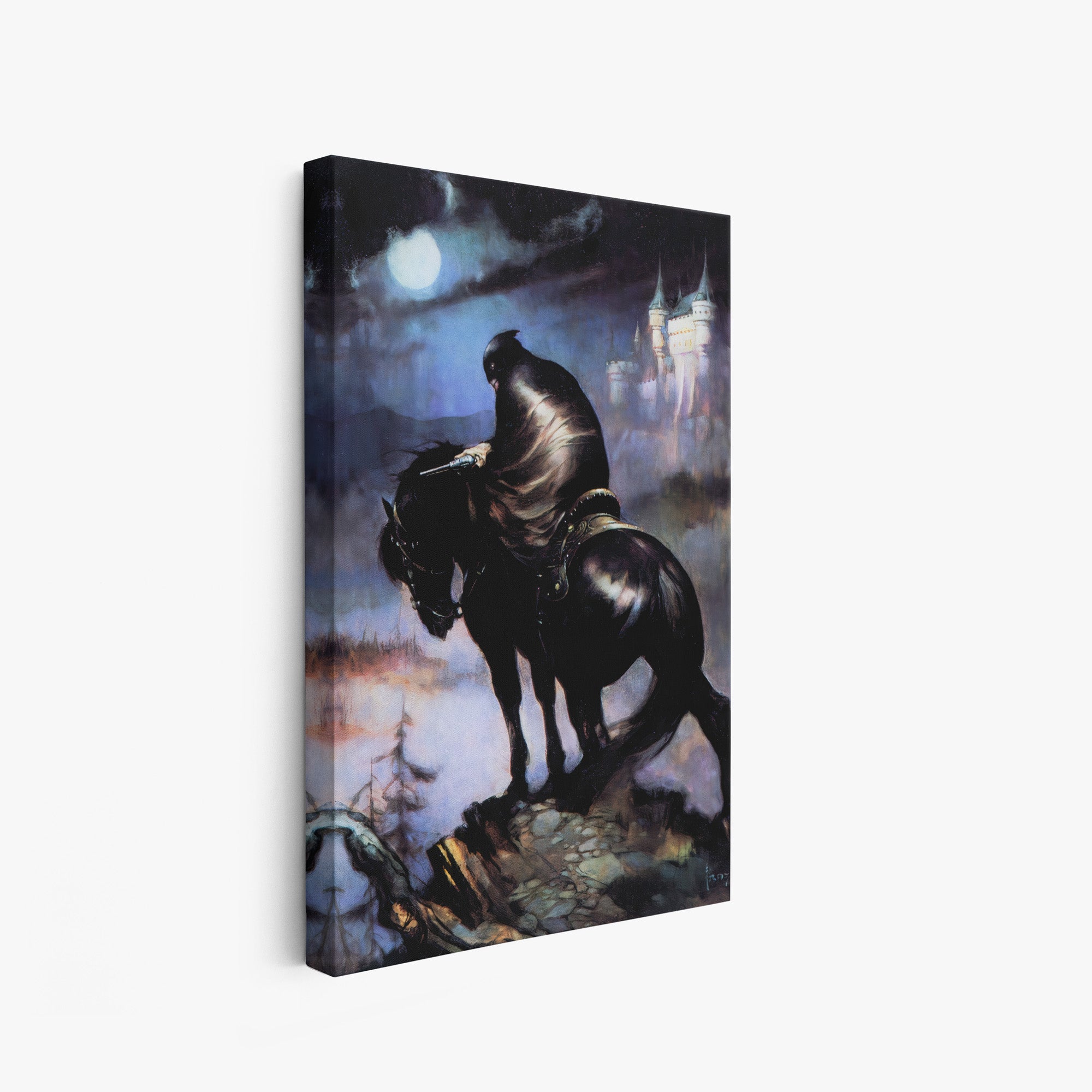 A canvas print of Frazetta’s Rider hung on a white wall, showcasing the artwork with mirror-wrapped edges for a seamless, dimensional look.