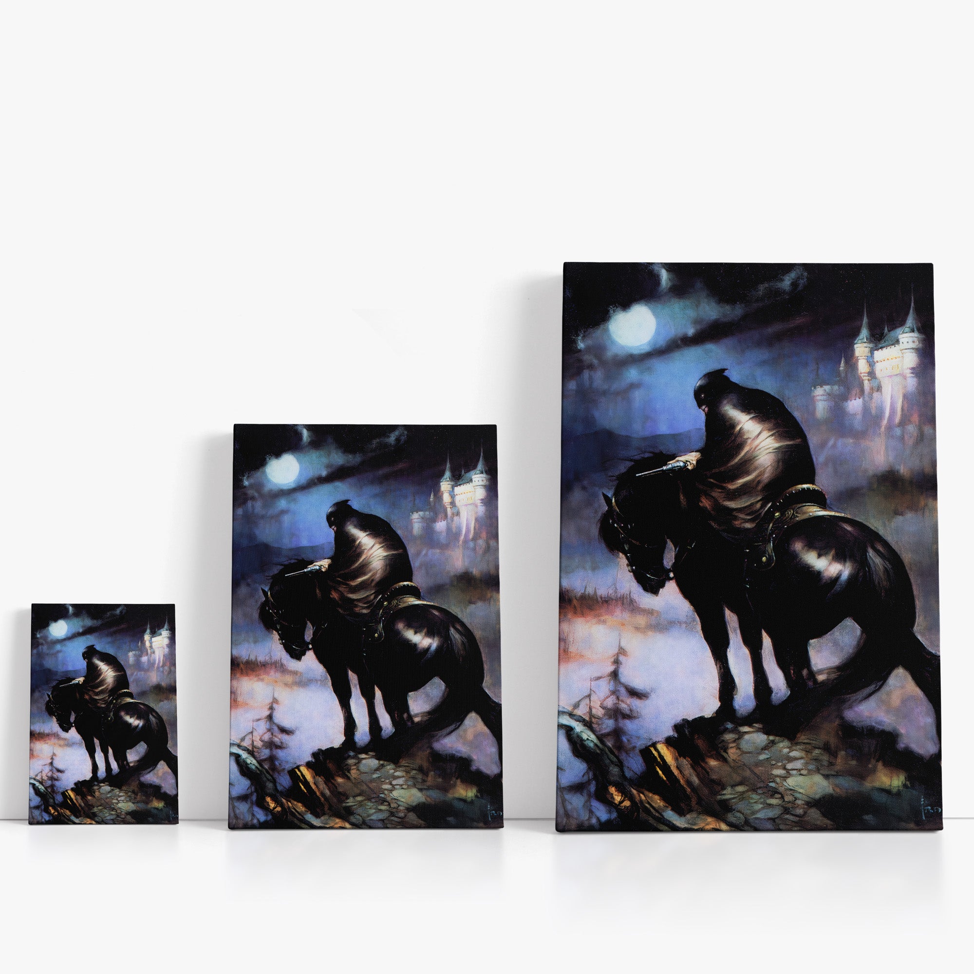 Three wrap-around canvas prints of Frazetta’s Rider in different sizes, showcasing the artwork with mirror-wrapped edges for a seamless, dimensional look.