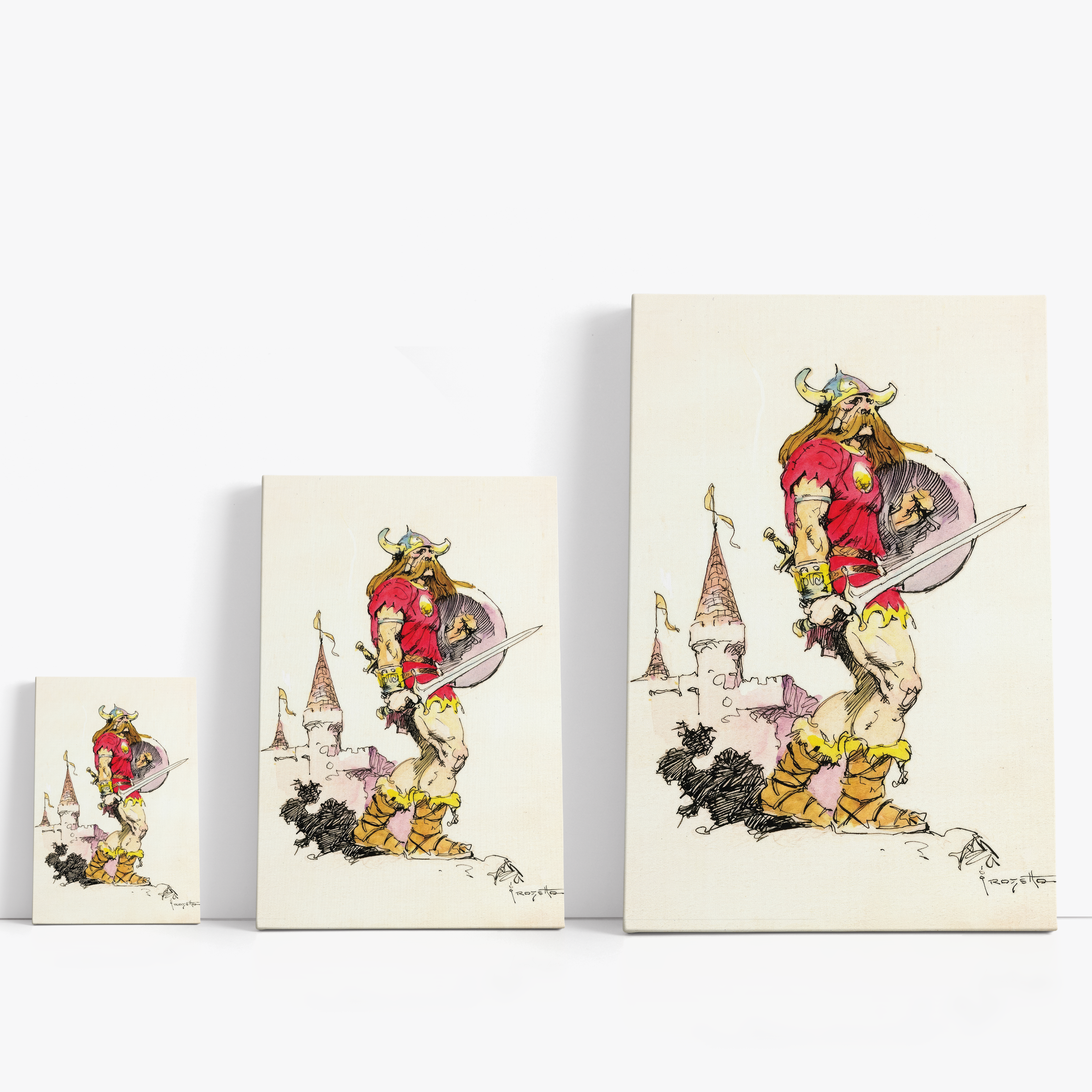 Three wrap-around canvas prints of Frazetta’s Viking in different sizes, showcasing the artwork with mirror-wrapped edges for a seamless, dimensional look.
