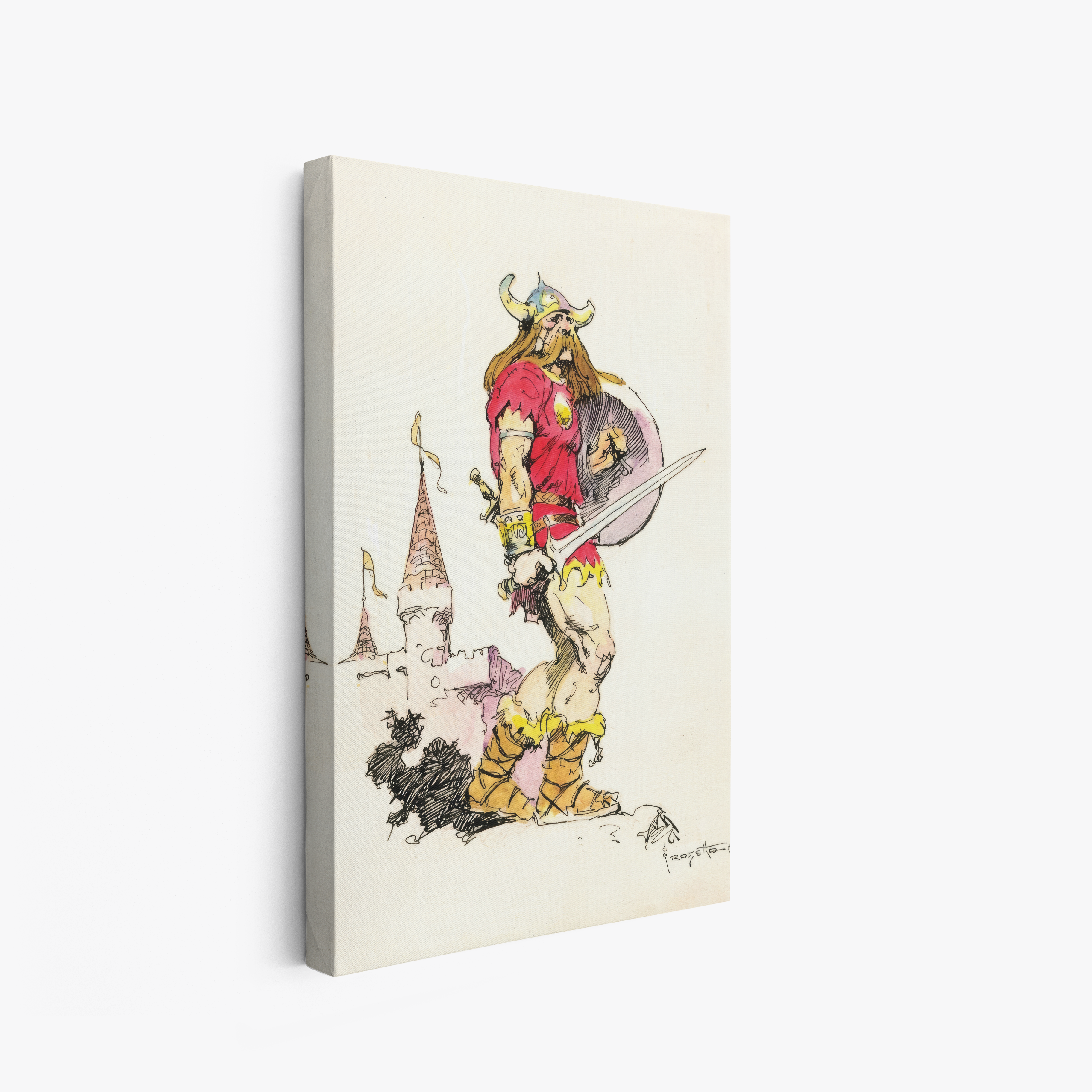 A canvas print of Frazetta’s Viking hung on a white wall, showcasing the artwork with mirror-wrapped edges for a seamless, dimensional look.