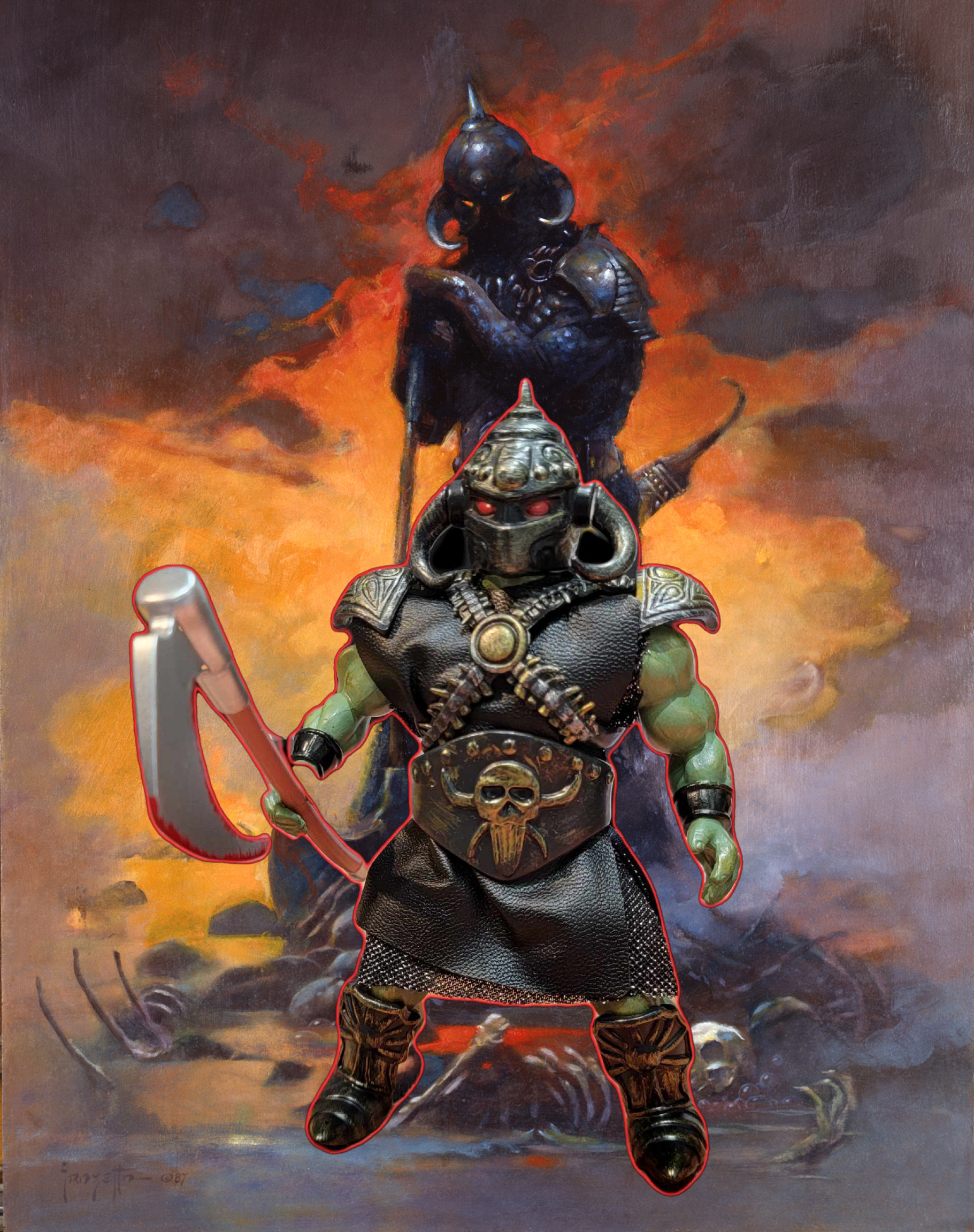 A limited-edition 5.75” retro-style action figure of Frank Frazetta’s Death Dealer, posed in front of the original Death Dealer painting. The figure features a helmeted head with glowing red eyes, a battle-worn black tunic with intricate armor detailing, and green skin, evoking a menacing presence. It wields a massive silver battle axe, and its chest is adorned with a skull-emblazoned belt and crisscrossing ammunition straps.