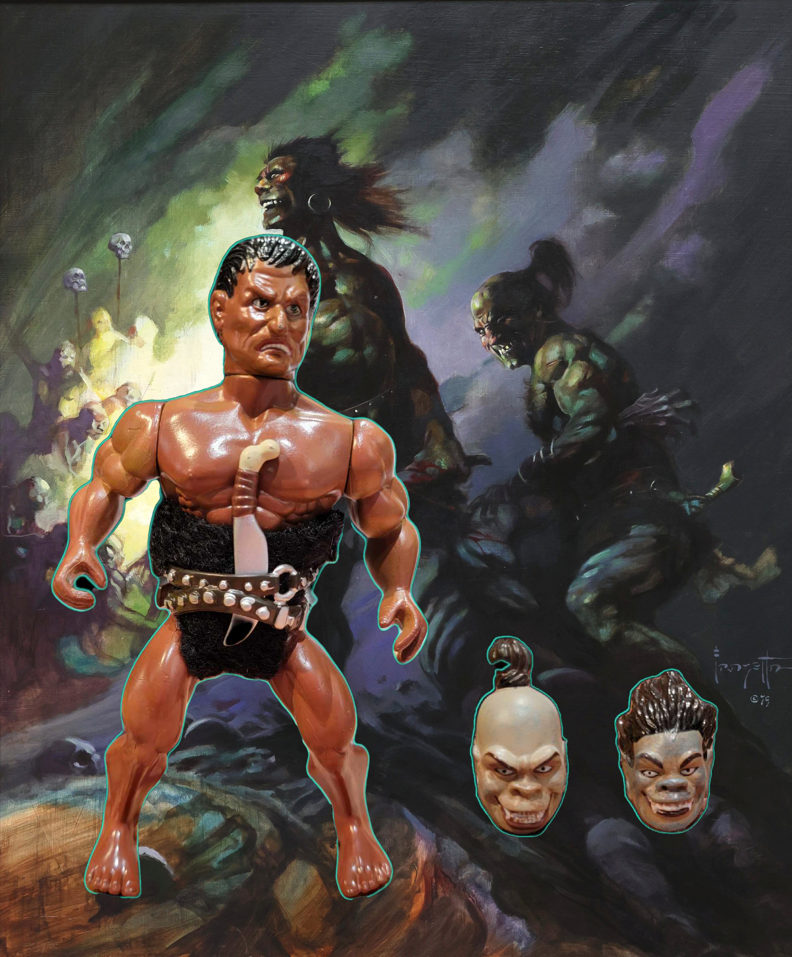 A limited-edition Flesh Eaters action figure, inspired by Frank Frazetta’s artwork. The figure is posed in front of Frazetta’s painting, depicting barbaric warriors emerging from the shadows. The action figure features a muscular build, a removable cloth garment, a bone knife secured in a belt, and two interchangeable heads with distinct facial expressions. The packaging and accessories reflect the raw, savage nature of the Flesh Eaters.