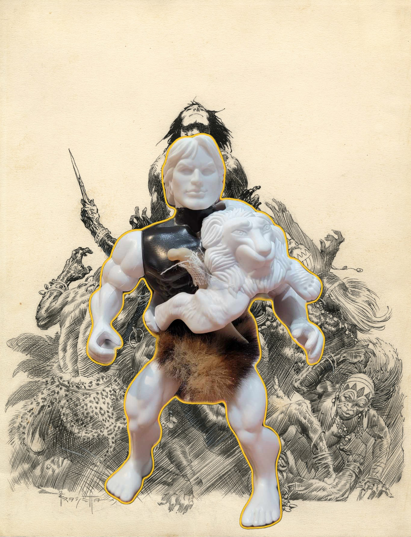 A first-ever officially licensed Jungle Lord action figure by ZOLOWORLD and The Frazetta Museum! Featuring an interchangeable body, removable cloth garment, bone knife, and lion pelt accessory. Set against an intense Frank Frazetta jungle illustration, this collectible figure brings heroic adventure to life!