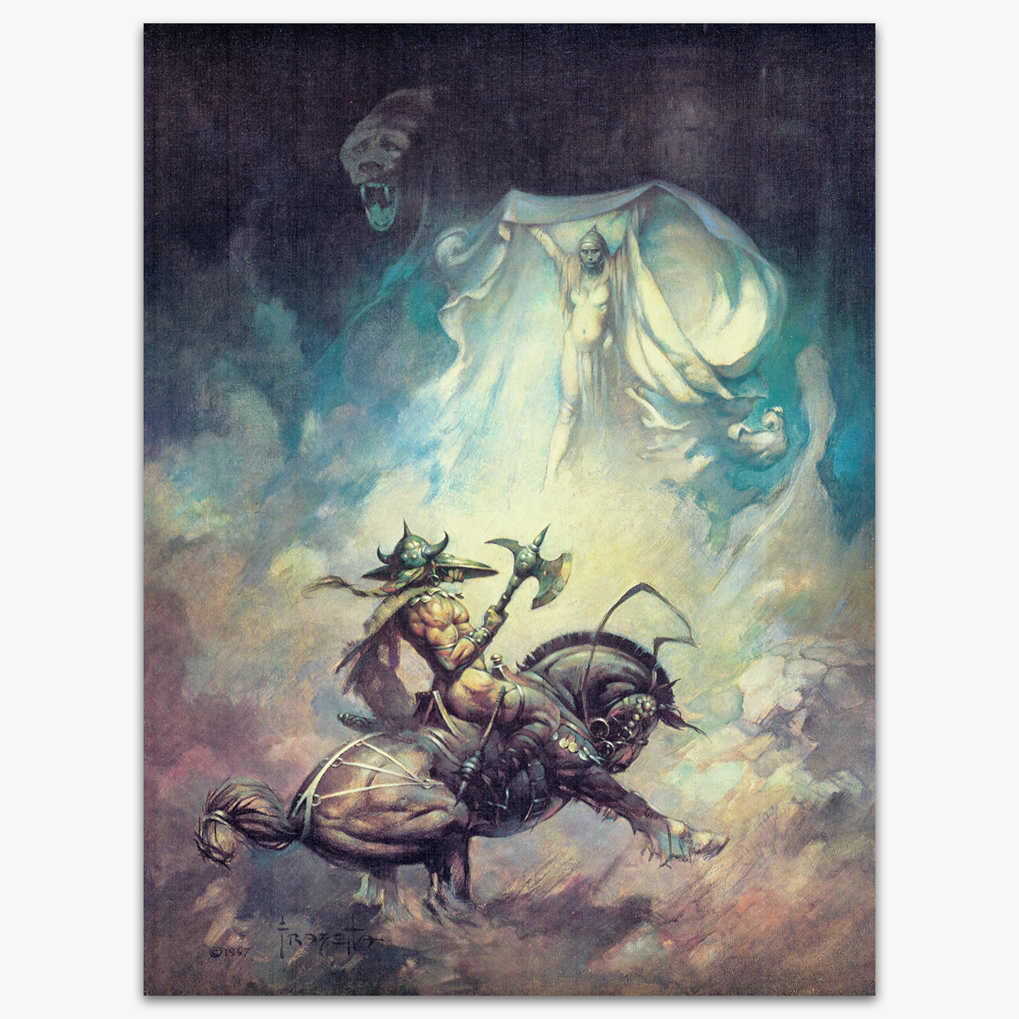 Vintage print of Apparition by Frank Frazetta, depicting a ghostly, ethereal figure emerging from mist above a warrior on horseback, creating an intense and mystical scene.