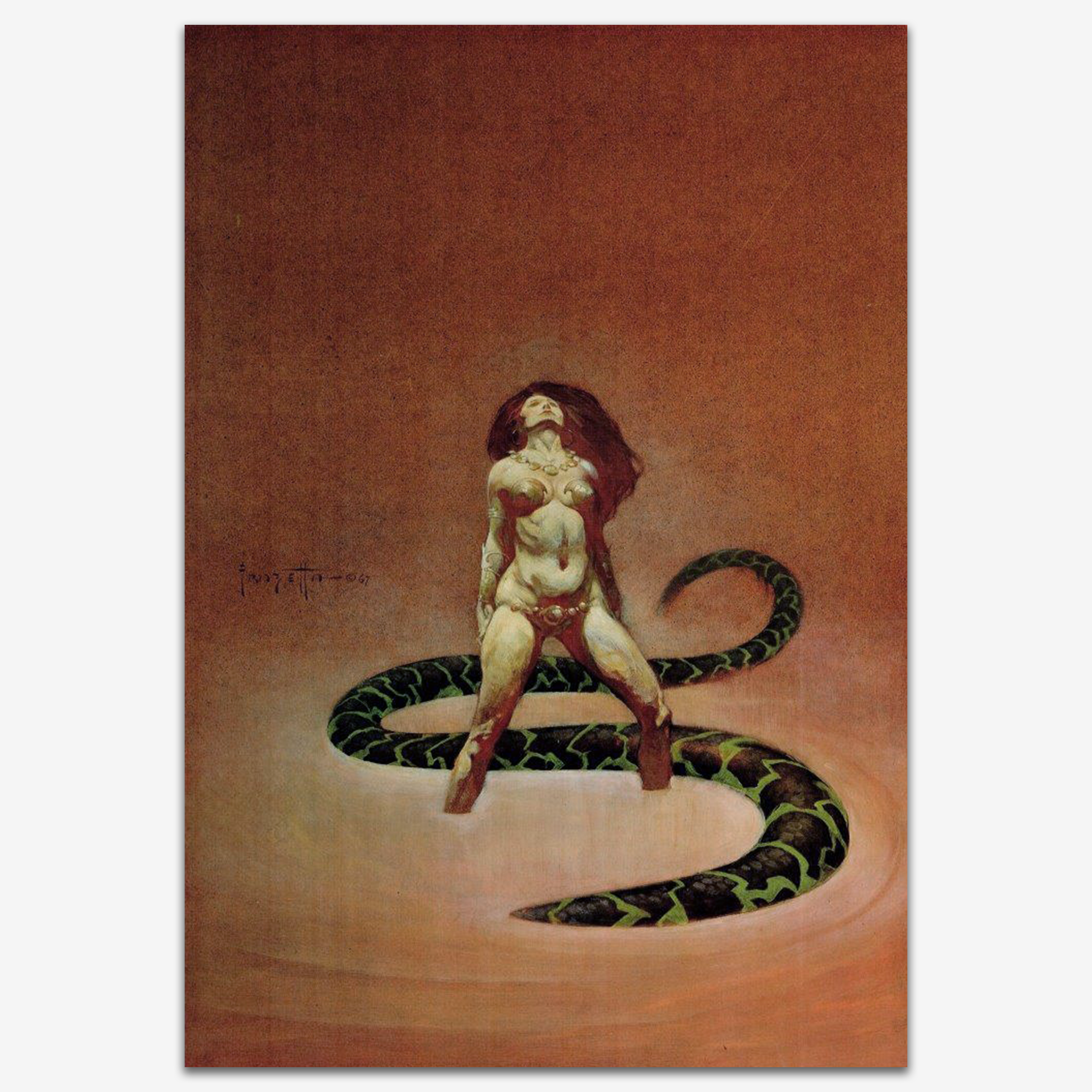 Vintage print of Aros by Frank Frazetta, featuring a strong, heroic figure poised for action in a mythological and powerful setting.