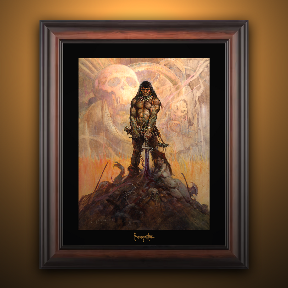 Framed Gallery Series print of "Barbarian" by Frank Frazetta, emphasizing the dynamic composition with black 1.5" matting
