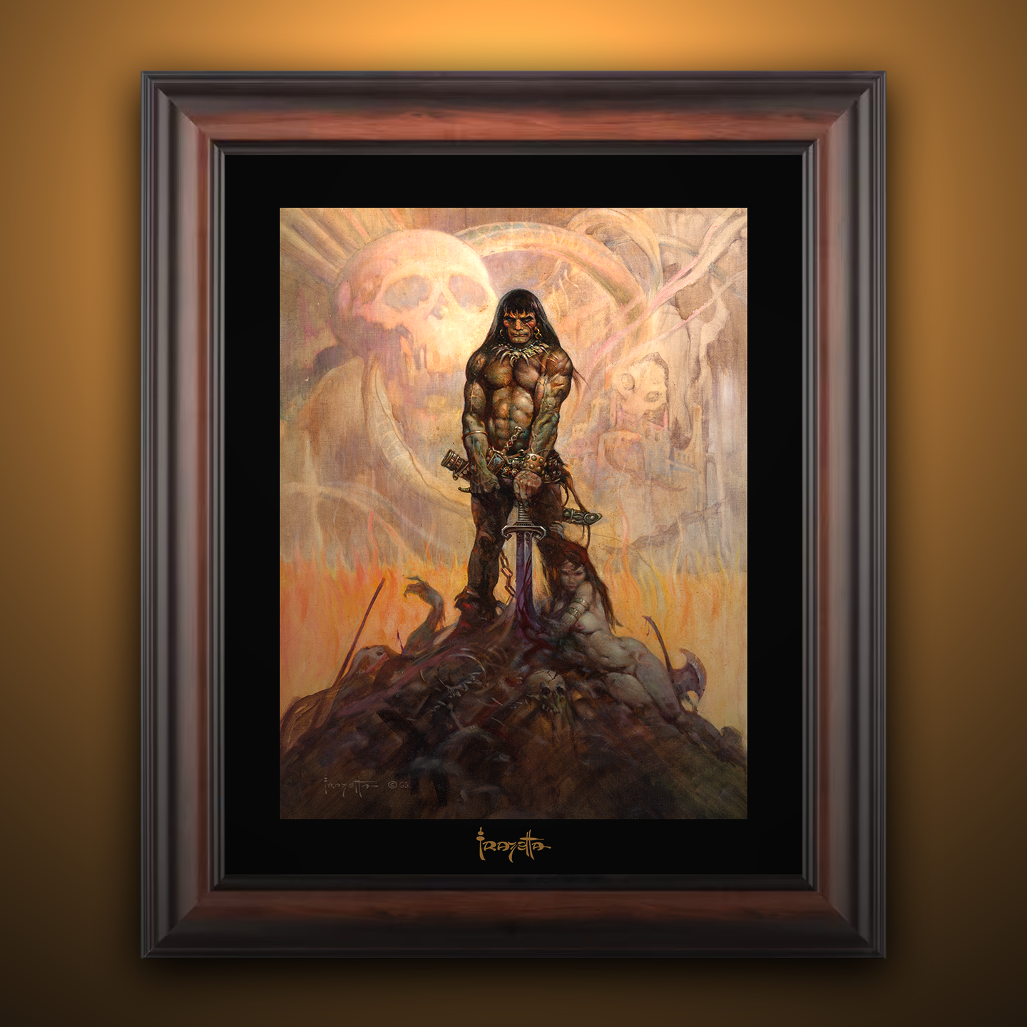 Framed Gallery Series print of "Barbarian" by Frank Frazetta, emphasizing the dynamic composition with black 1.5" matting