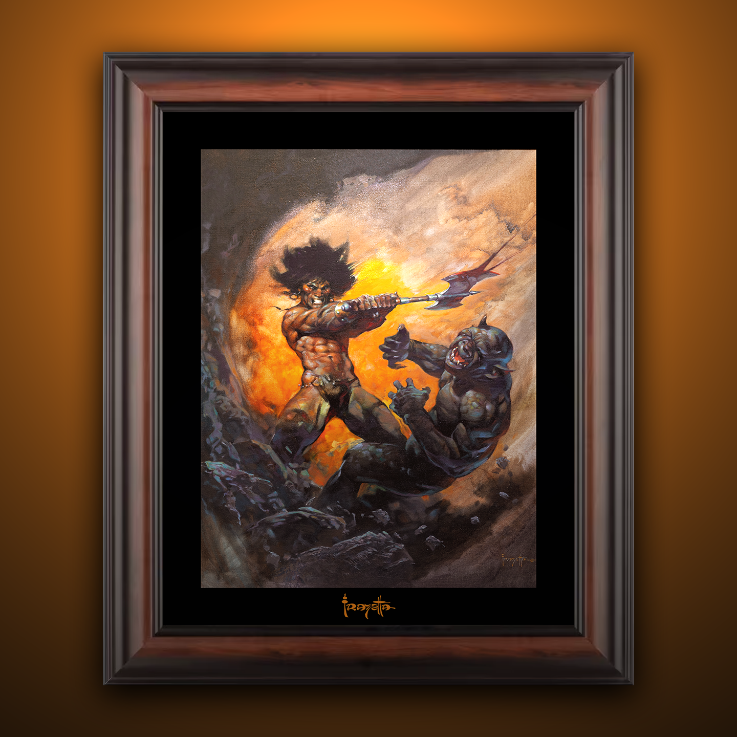 Framed Gallery Series print of "Barbarian with Axe" by Frank Frazetta, highlighting the bold design with black 1.5" matting