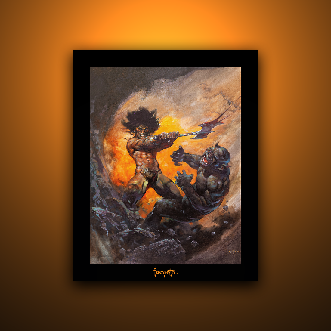 Gallery Series print of "Barbarian with Axe" by Frank Frazetta, highlighting the bold design with black 1.5" matting