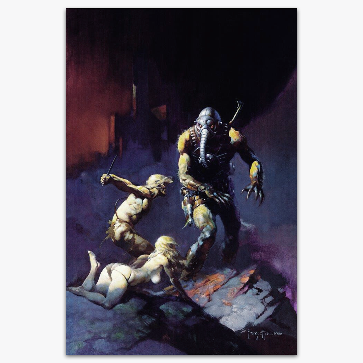Vintage print of Battlefield Earth by Frank Frazetta, illustrating an intense battle scene with powerful, contrasting figures.