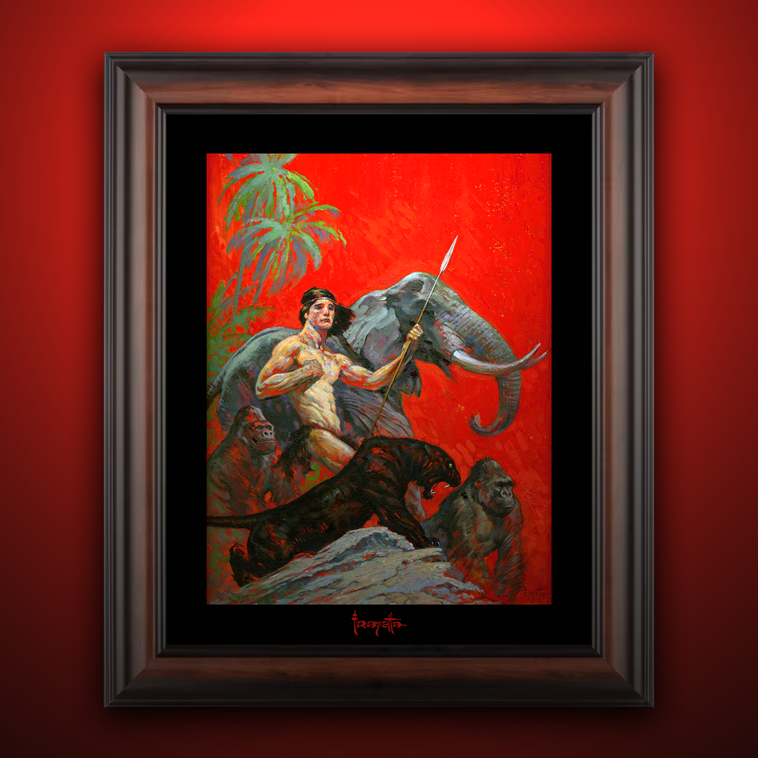 Framed Gallery Series print of "Beasts of Tarzan" by Frank Frazetta, emphasizing the intense scene with black 1.5" matting.