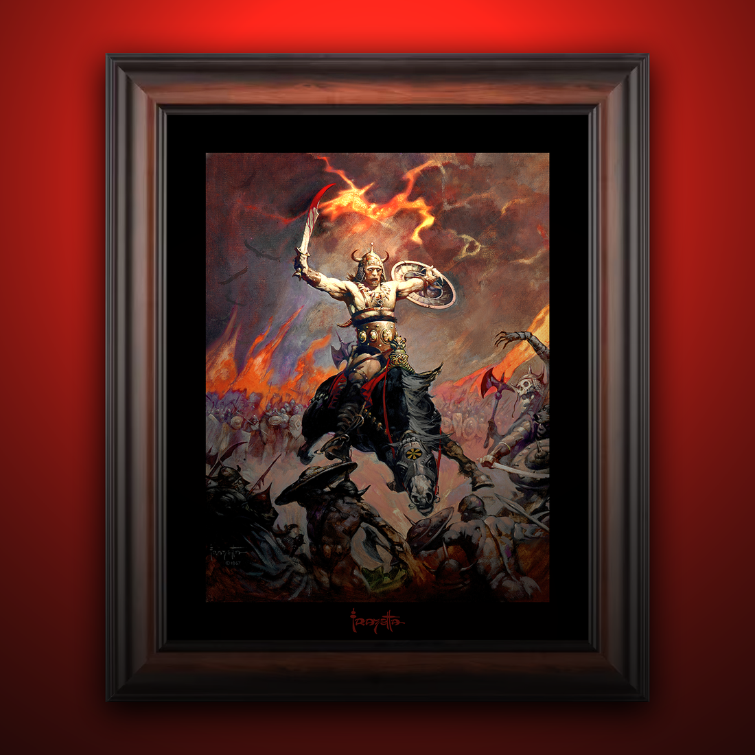 Framed Gallery Series print of "Berserker" by Frank Frazetta, highlighting powerful details with black 1.5" matting.