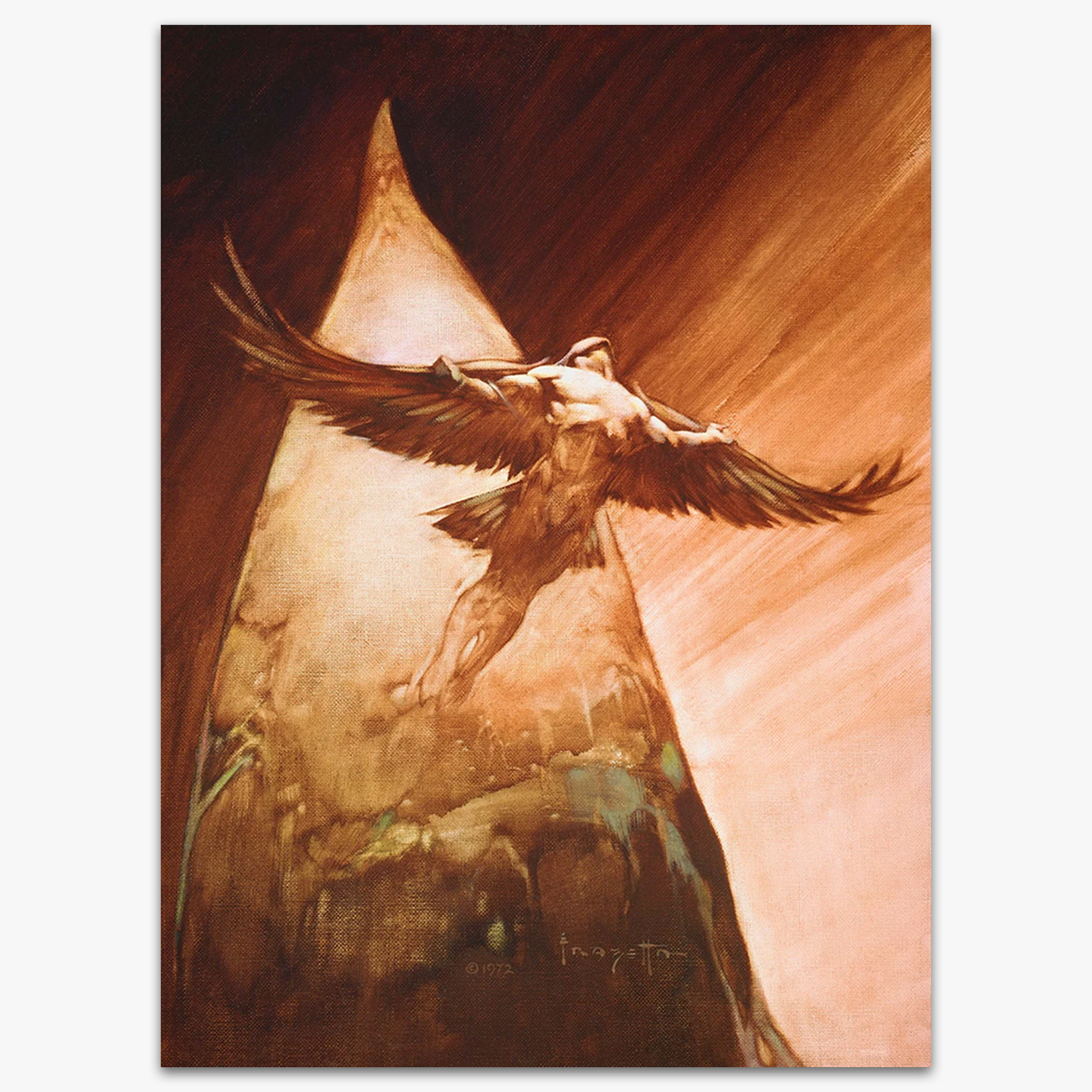 Vintage print of Birdman by Frank Frazetta, capturing a dynamic scene of a man with wings leaping off of a mountain perch.
