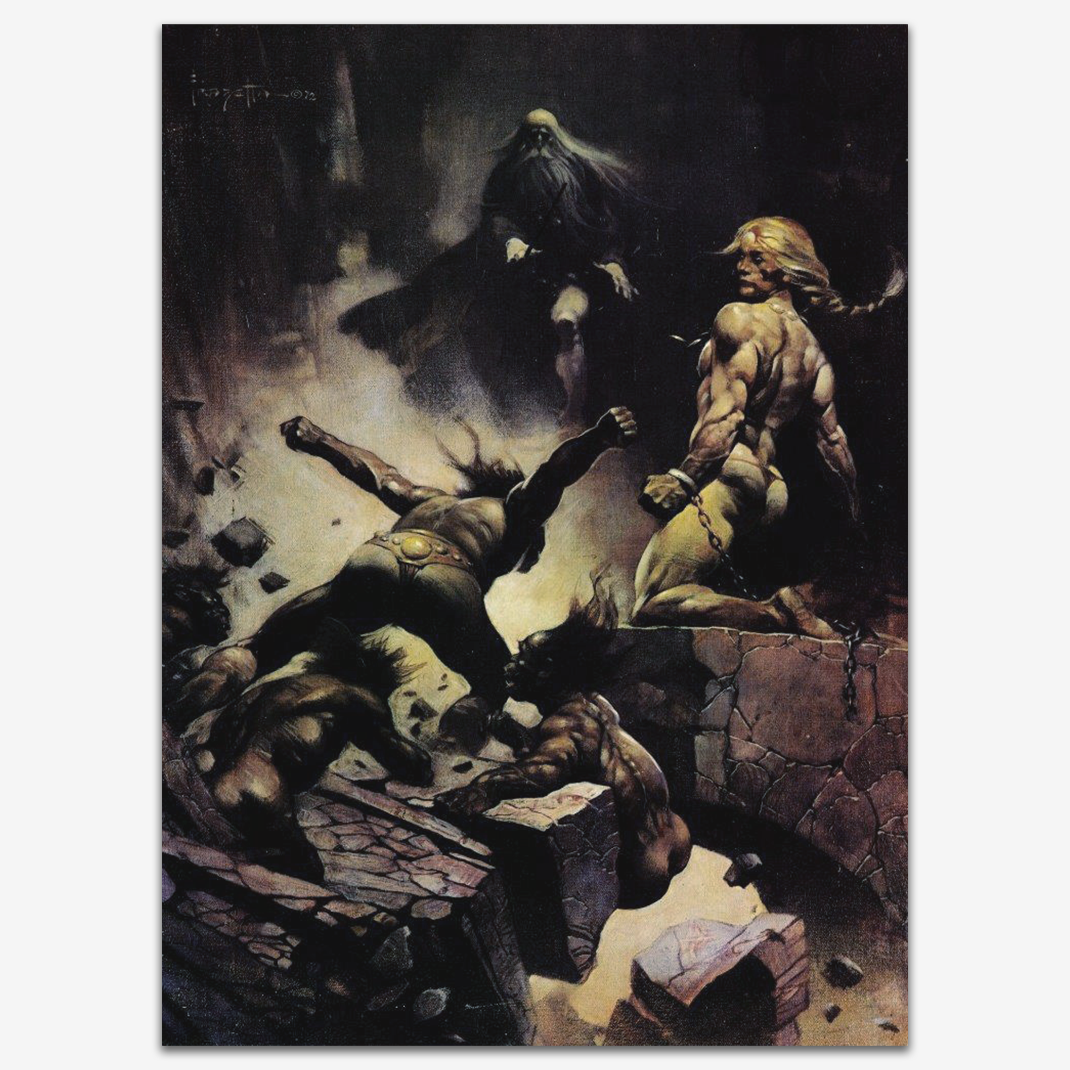 Vintage print of Black Star by Frank Frazetta, depicting a lone warrior battling against fierce foes.