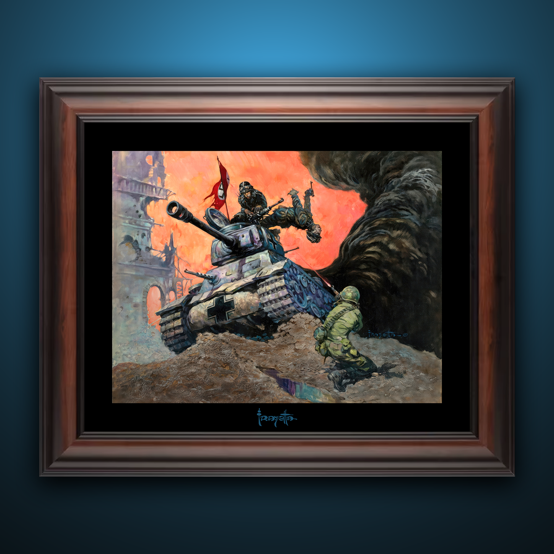 Framed Gallery Series print of "Blazing Combat IV" by Frank Frazetta, highlighting the intense scene with black 1.5" matting.