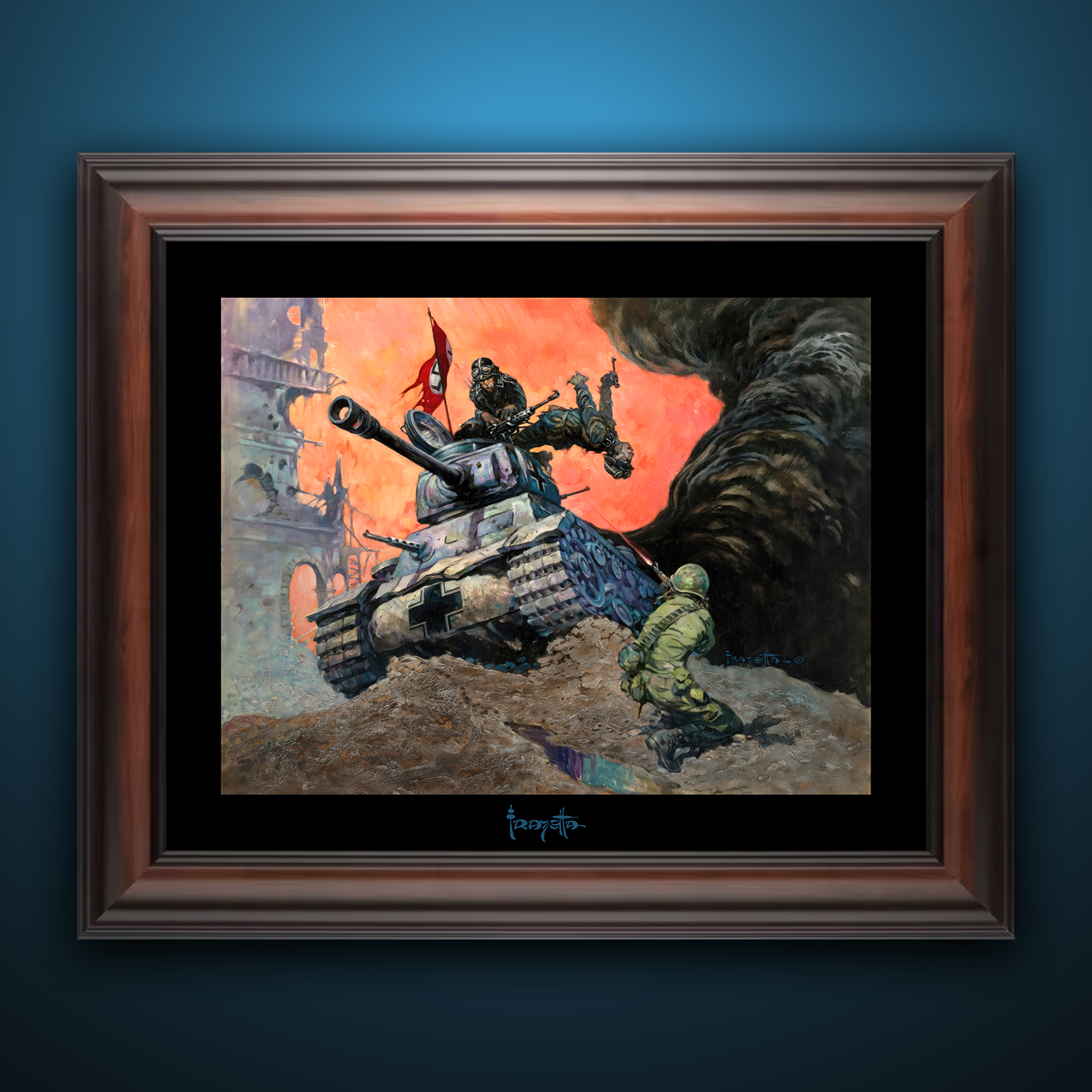 Framed Gallery Series print of "Blazing Combat IV" by Frank Frazetta, highlighting the intense scene with black 1.5" matting.