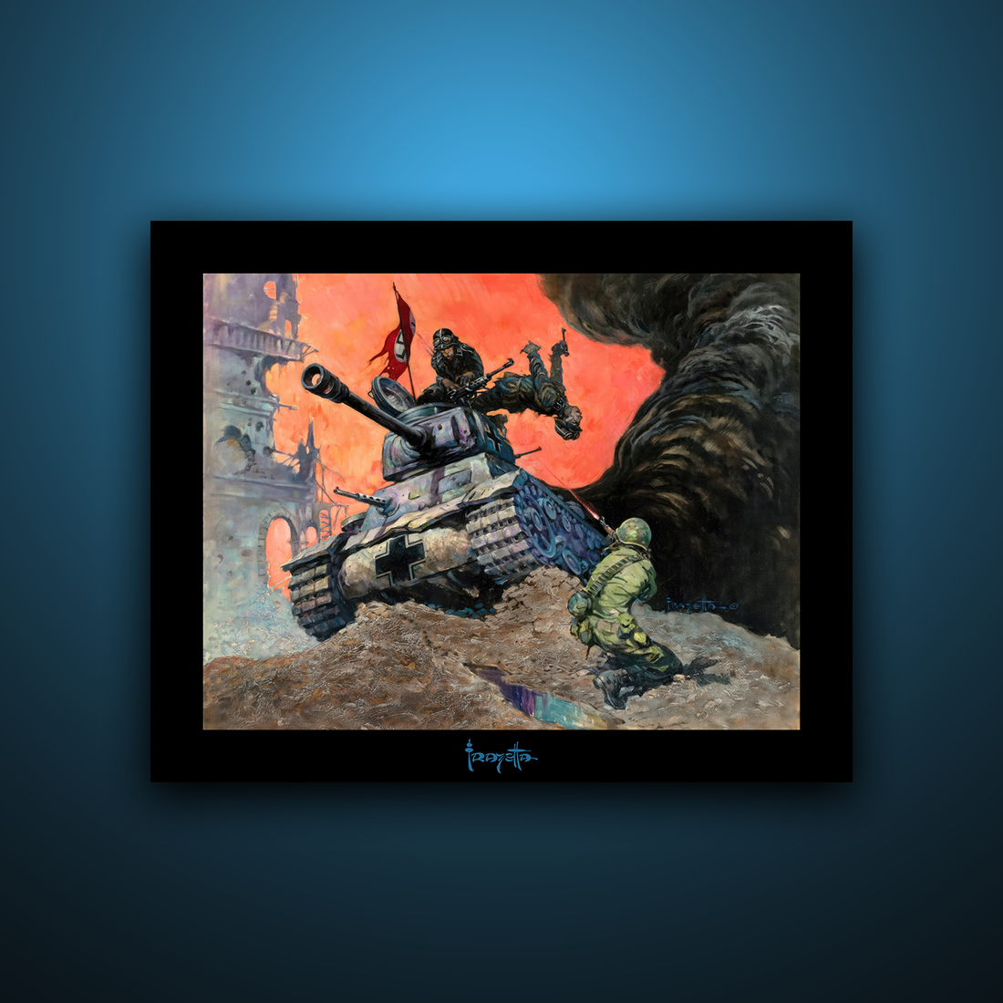 Gallery Series print of "Blazing Combat IV" by Frank Frazetta, unframed, featuring dynamic action and dramatic lighting.