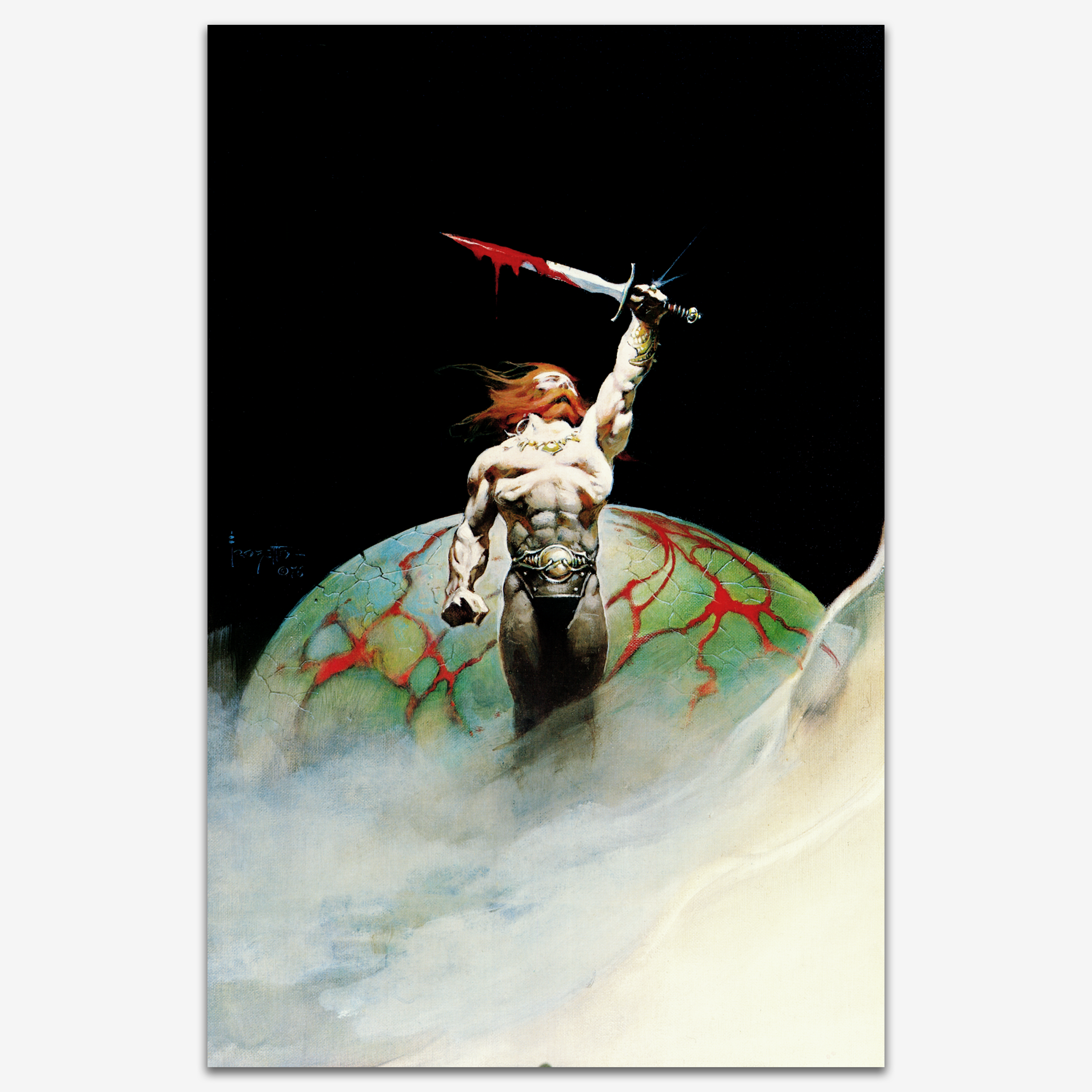 Vintage print of Bloodstone by Frank Frazetta, illustrating a fierce warrior surrounded by ominous red hues and a powerful, action-driven composition.