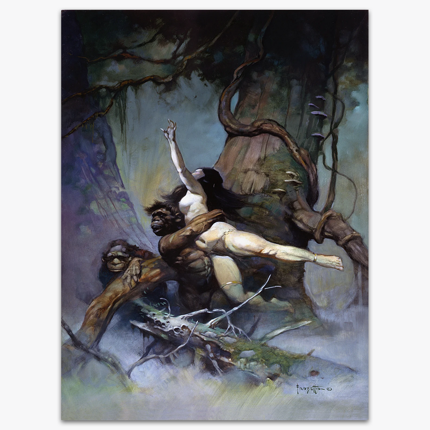 Vintage print of Captive Princess by Frank Frazetta, portraying a stunning princess held captive in a fantastical, threatening environment.