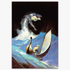 Vintage print of Carson of Venus by Frank Frazetta, depicting a heroic figure navigating treacherous waters in a small boat while a massive sea serpent emerges menacingly from the waves.
