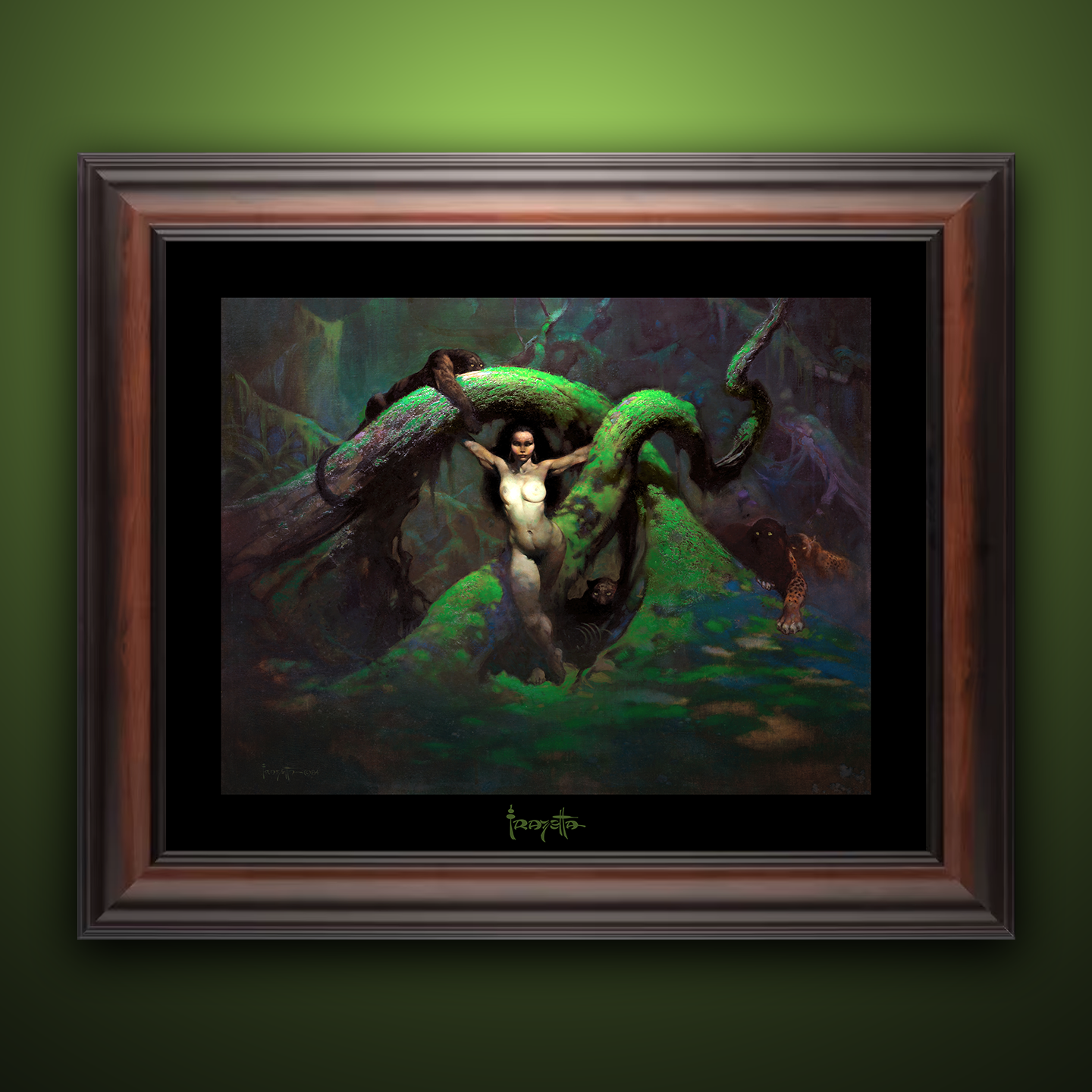 Framed Gallery Series print of "Cat Girl Revised" by Frank Frazetta, showcasing bold design with black 1.5" matting.