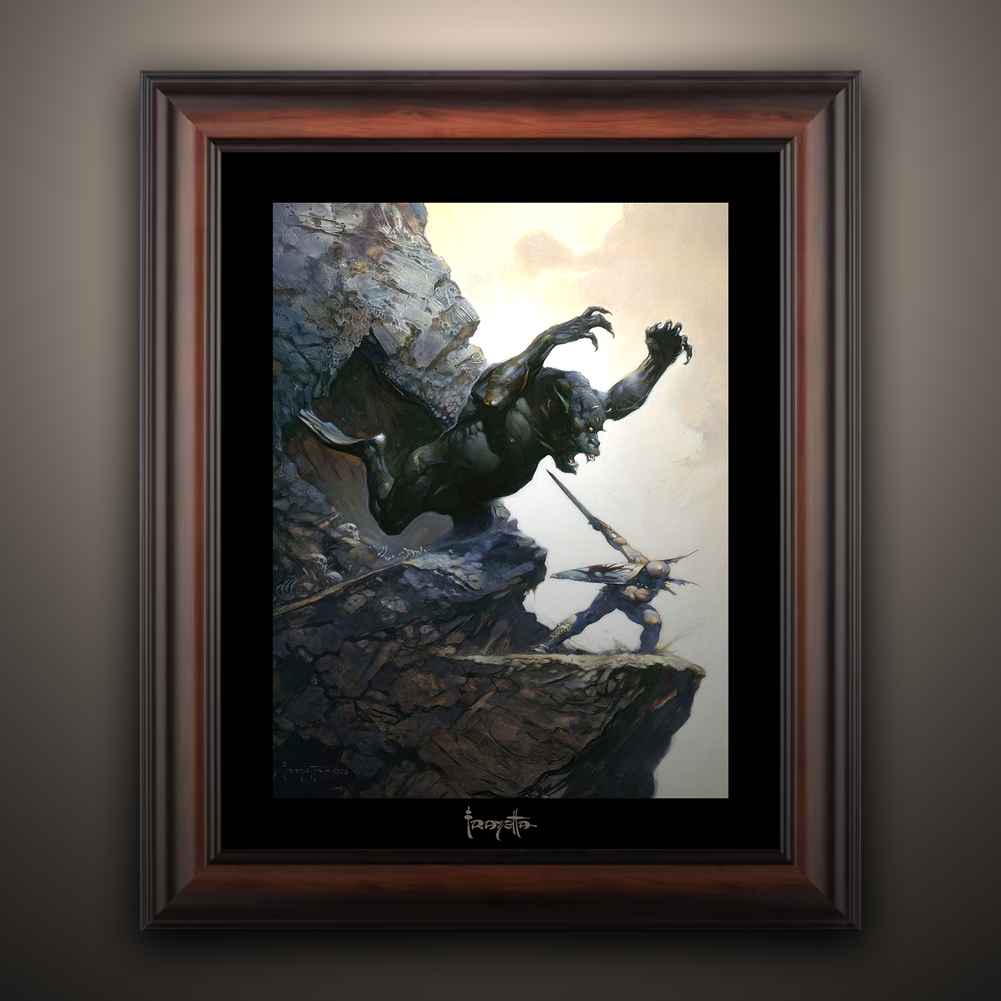 Framed Gallery Series print of "Cave Demon" by Frank Frazetta, highlighting intricate features with black 1.5" matting.