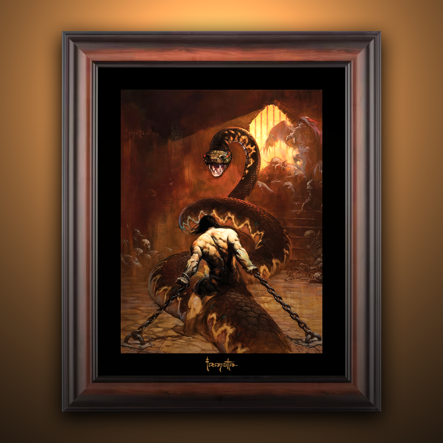 Framed Gallery Series print of "Chained" by Frank Frazetta, showcasing bold details with black 1.5" matting.